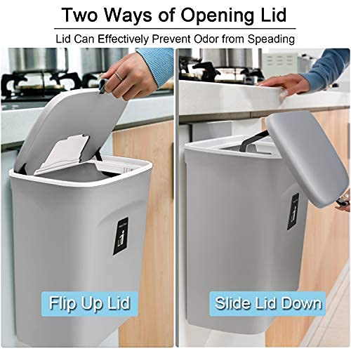 Mujingxin 2.4 Gallon Kitchen Compost Bin for Counter Top or Under Sink, Hanging Small Trash Can with Lid for Cupboard/Bathroom/Bedroom/Office/Camping, Mountable Indoor Compost Bucket, Gray