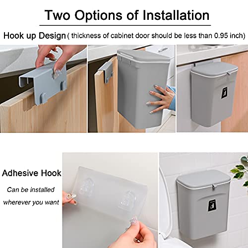 Mujingxin 2.4 Gallon Kitchen Compost Bin for Counter Top or Under Sink, Hanging Small Trash Can with Lid for Cupboard/Bathroom/Bedroom/Office/Camping, Mountable Indoor Compost Bucket, Gray