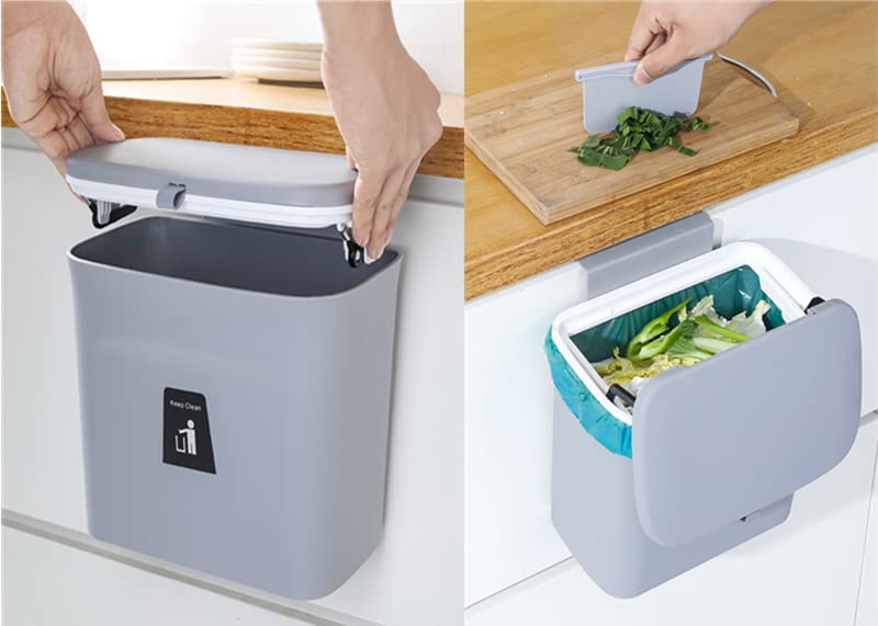 Mujingxin 2.4 Gallon Kitchen Compost Bin for Counter Top or Under Sink, Hanging Small Trash Can with Lid for Cupboard/Bathroom/Bedroom/Office/Camping, Mountable Indoor Compost Bucket, Gray