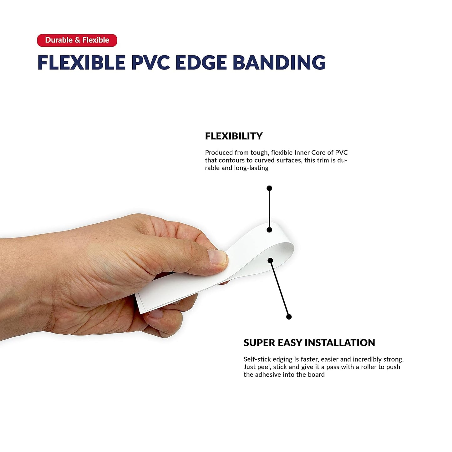 White PVC 3/4 inch x 25 ft Edge Banding Tape Peel Stick Adhesive Edging Veneer Trim Flexible Vinyl Strip Molding MDF Wood Cabinet Laminate Shelf Furniture Countertop Formica Plywood Board Repair