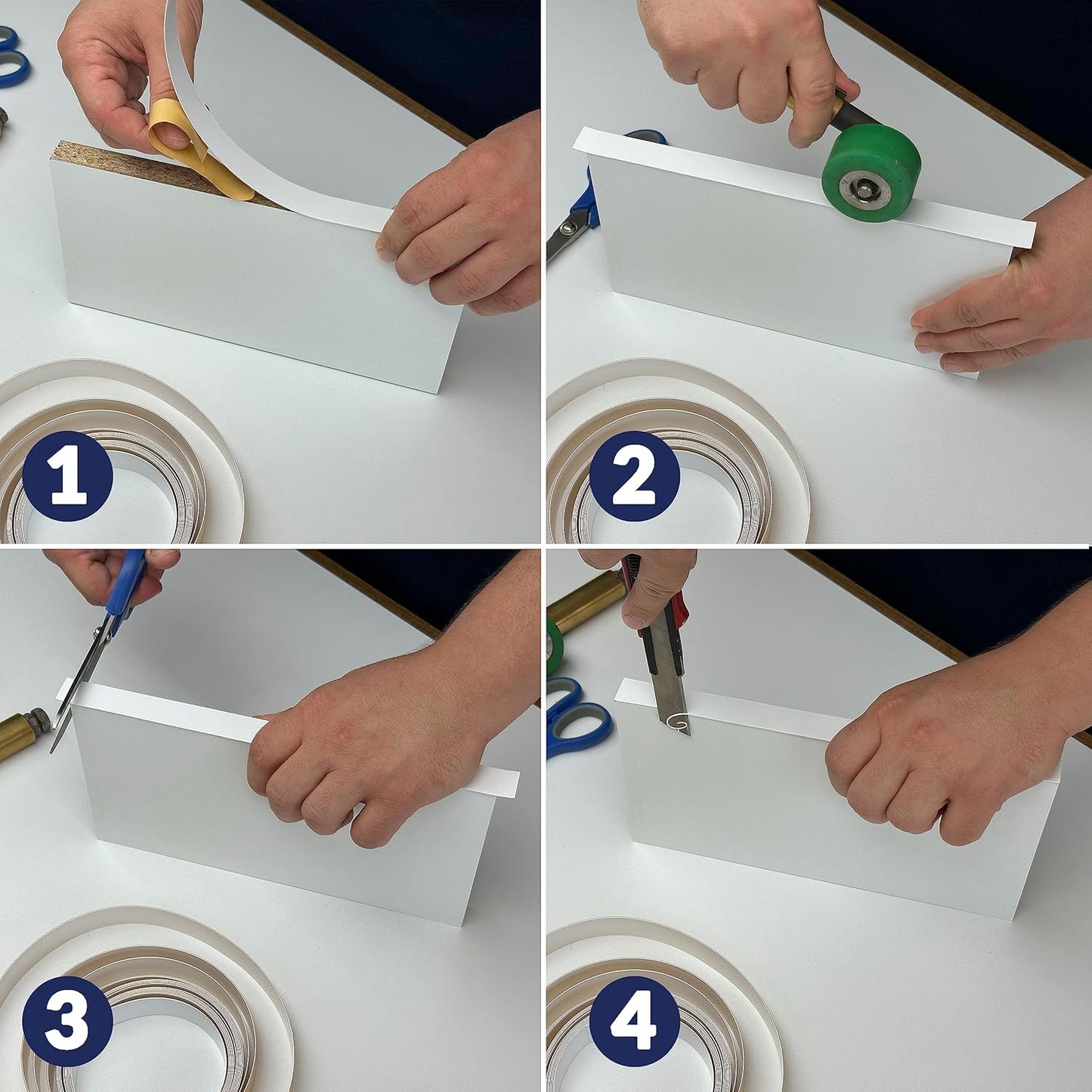 White PVC 3/4 inch x 25 ft Edge Banding Tape Peel Stick Adhesive Edging Veneer Trim Flexible Vinyl Strip Molding MDF Wood Cabinet Laminate Shelf Furniture Countertop Formica Plywood Board Repair