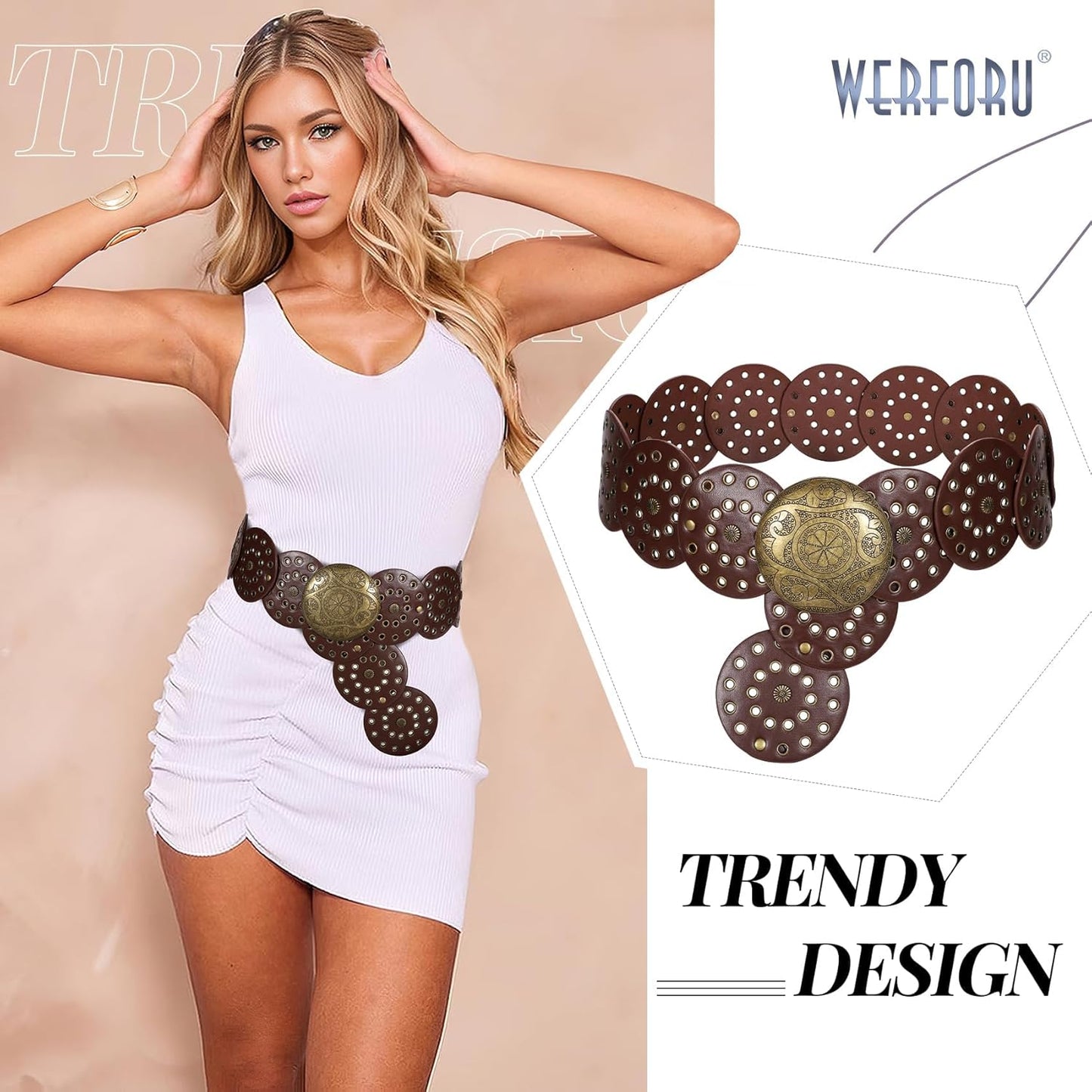 Women Vintage Leather Belt Western Disc Waist Belts Ladies Western Belt Boho Belt for Dress Jean-