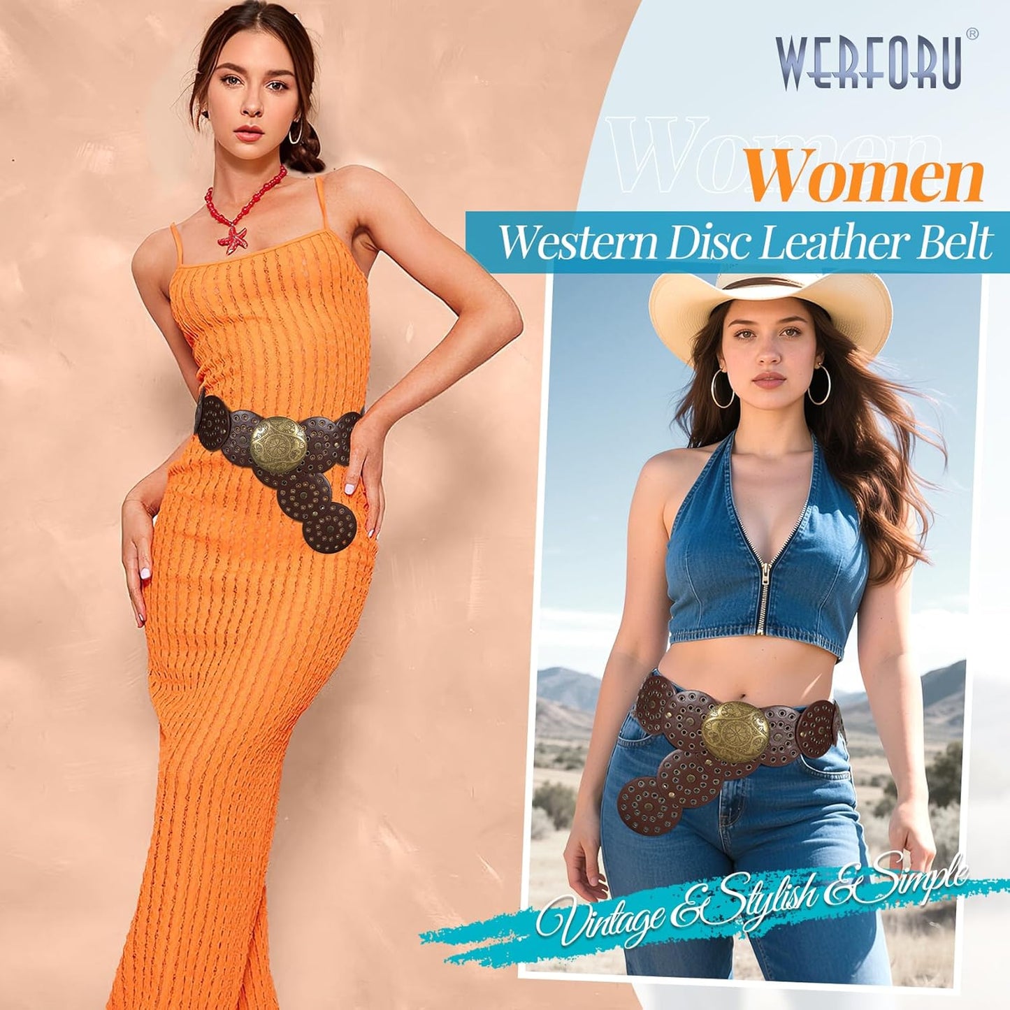 Women Vintage Leather Belt Western Disc Waist Belts Ladies Western Belt Boho Belt for Dress Jean-