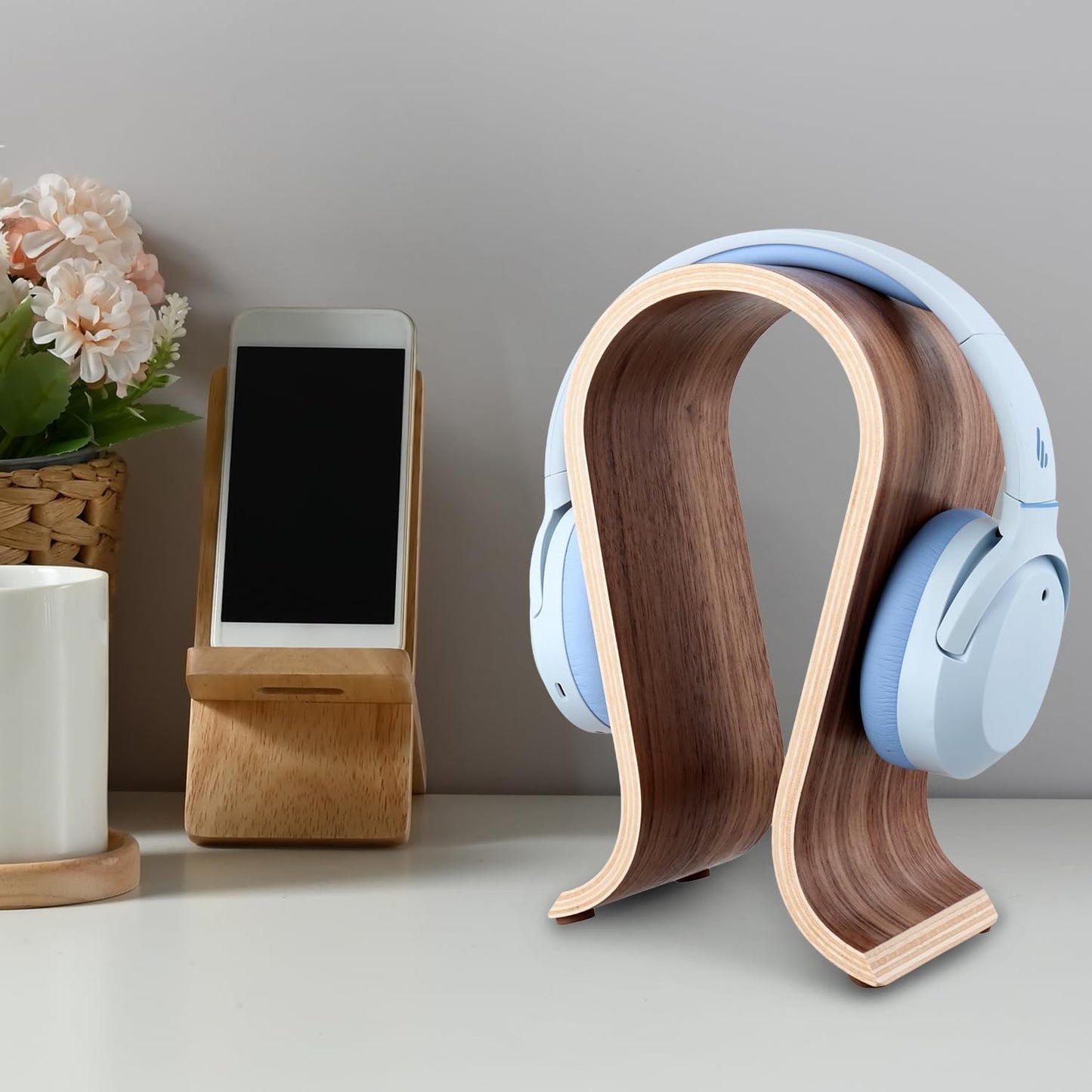 Wood Headphone Stand - Headset Holder, Arch Bridge Design - Universal Compatibility, Ear Headphones Hanger Holder, Stylish Desk Headset Holder for Headphones, Cables, Game Pads, QS32269