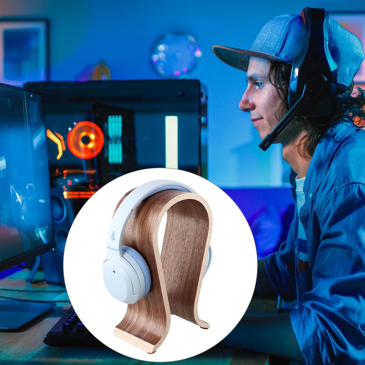 Wood Headphone Stand - Headset Holder, Arch Bridge Design - Universal Compatibility, Ear Headphones Hanger Holder, Stylish Desk Headset Holder for Headphones, Cables, Game Pads, QS32269