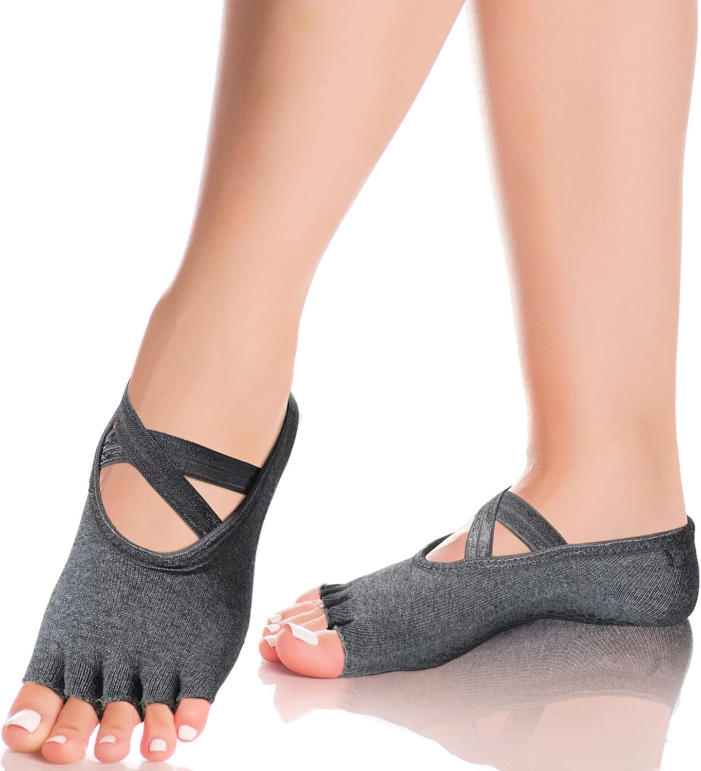6 Pairs Pilates Socks with Grip for Women Non Slip Yoga Socks Toeless Barre Sticky with Straps Multicolor for Ballet Dance Barefoot Workout