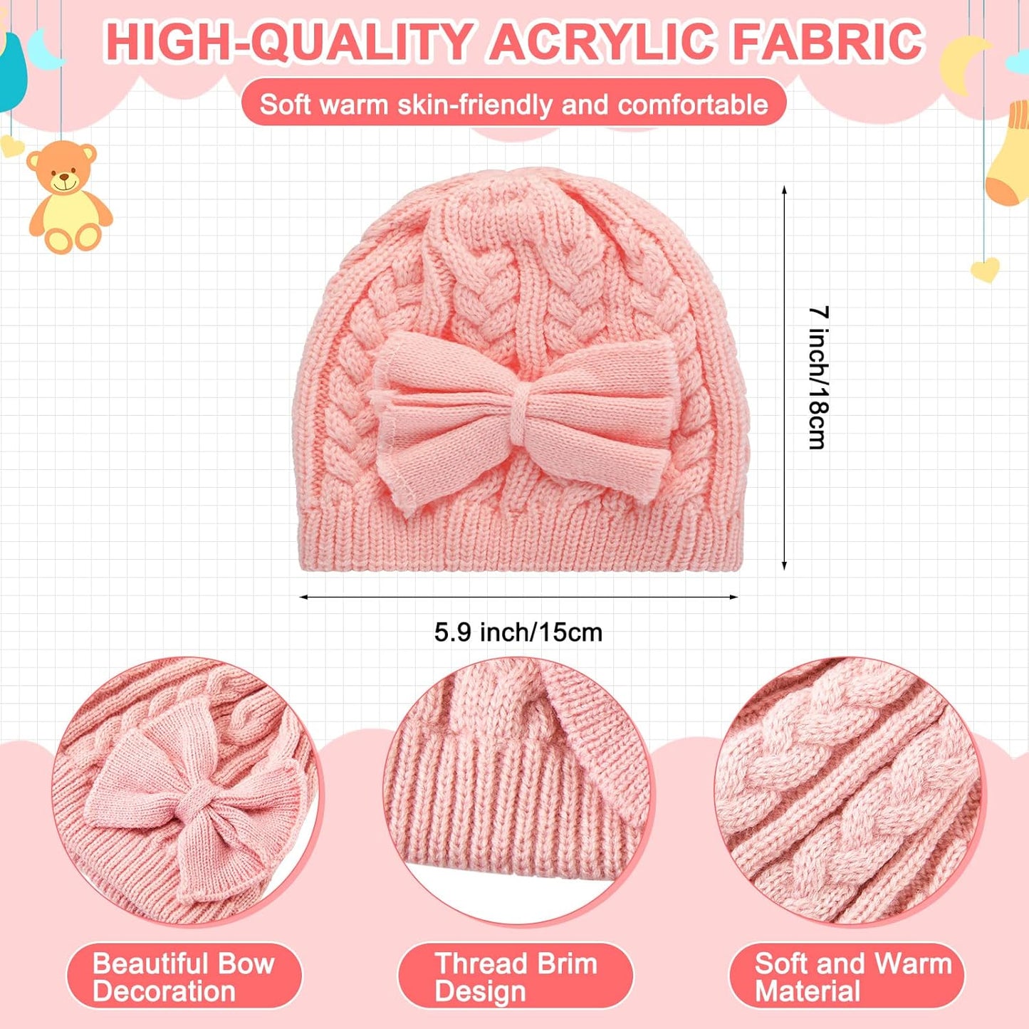 3 Set Toddler Hat Glove Set, Kids Winter Hats Warm Knitted Beanie Mittens Gloves with Bow for Baby Girls Boys 0-6Y