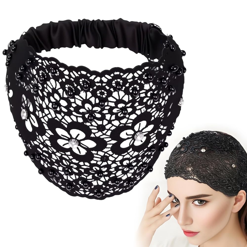 Boho-chic Crystal Pearl Embellished Wide Headbands, 2025 New Vintage High Cranium Artificial Pearls Hairband Pearl Hair Hoop with Teeth Hoop (Black, One Size)