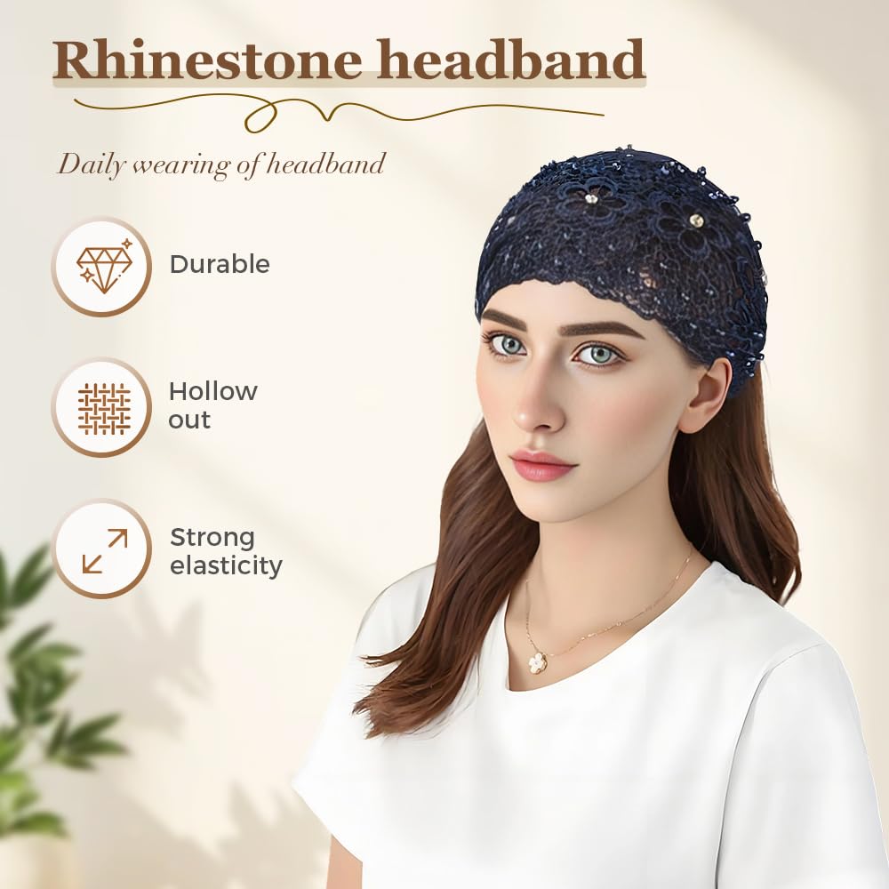 Boho-chic Crystal Pearl Embellished Wide Headbands, 2025 New Vintage High Cranium Artificial Pearls Hairband Pearl Hair Hoop with Teeth Hoop (Black, One Size)
