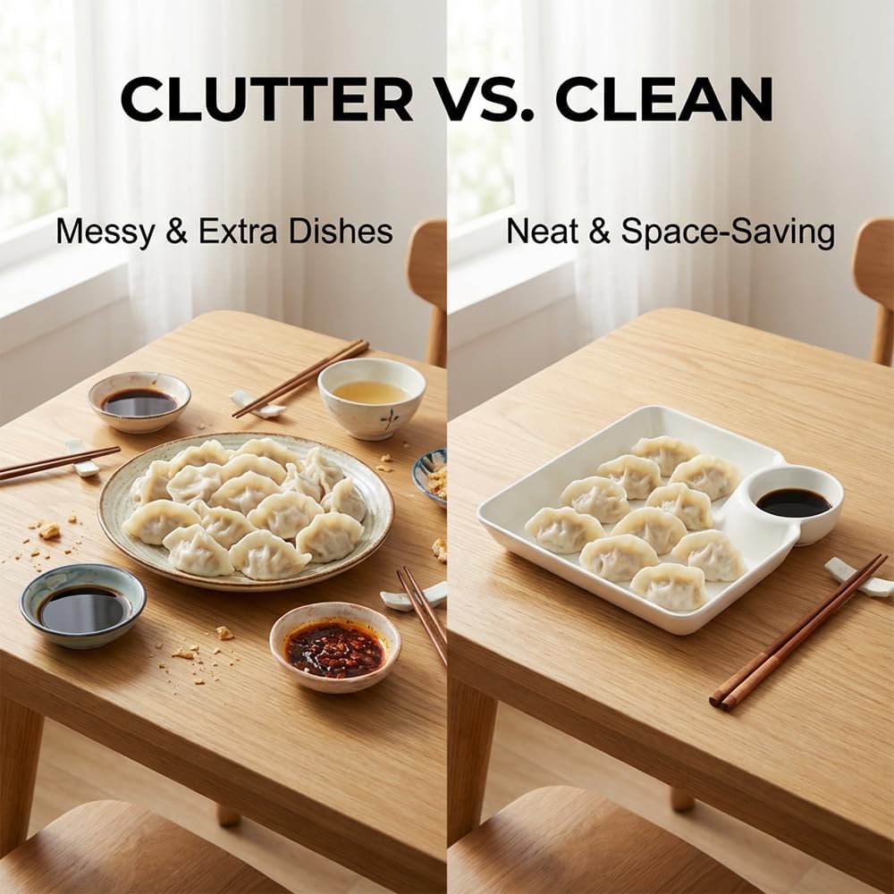 Sauce Separated Plate, 2026 New Plastic Dumpling Plates with Sauce Compartment, Upgrade Dumpling Plate with Dipping Saucer Chip and Dip Serving Dish Small Dip Tray for Appetizer (White)