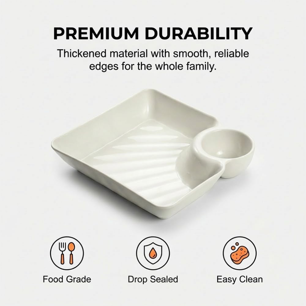 Sauce Separated Plate, 2026 New Plastic Dumpling Plates with Sauce Compartment, Upgrade Dumpling Plate with Dipping Saucer Chip and Dip Serving Dish Small Dip Tray for Appetizer (White)
