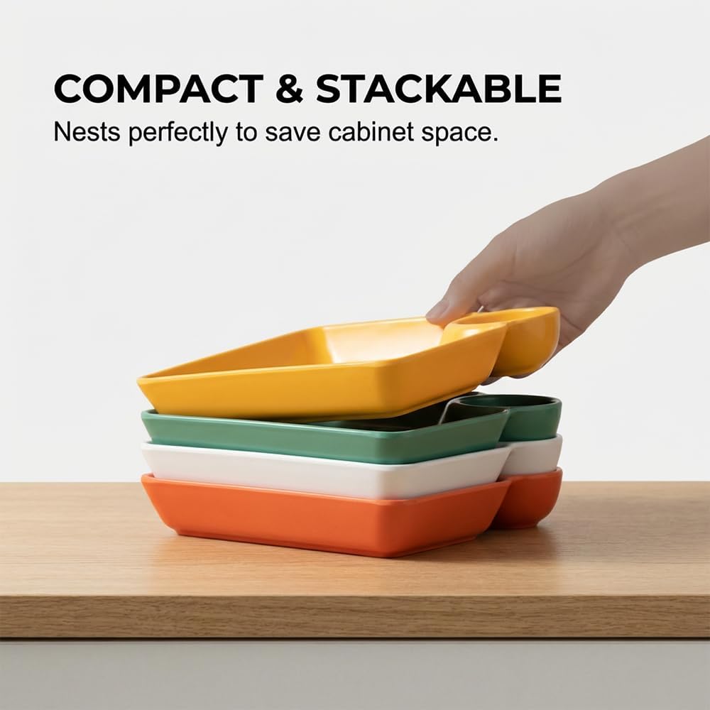 Sauce Separated Plate, 2026 New Plastic Dumpling Plates with Sauce Compartment, Upgrade Dumpling Plate with Dipping Saucer Chip and Dip Serving Dish Small Dip Tray for Appetizer (White)