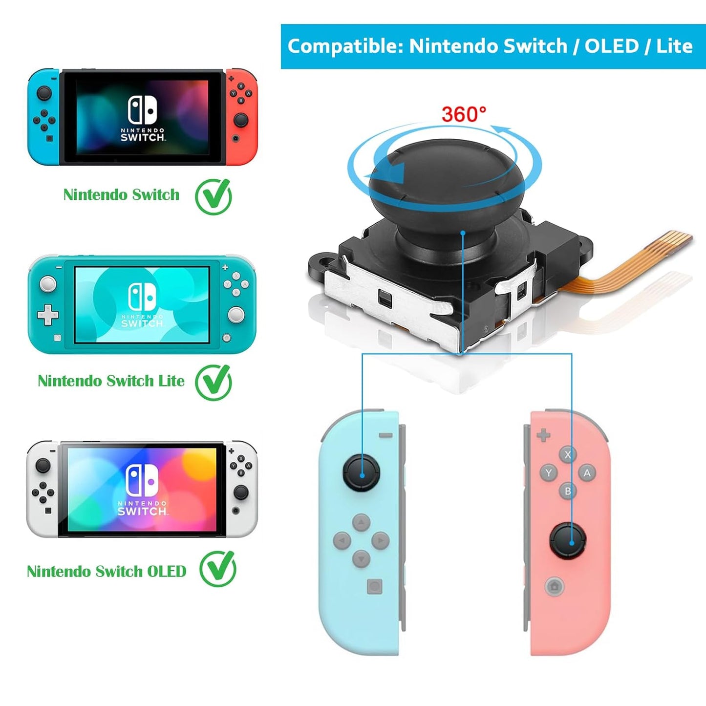 2pcs Replacement Hall Effect Joystick for Nintendo Switch/Switch OLED Model/Switch Lite Joy-Con Controller, Thumb Stick Analog Drift Repair Kit Y1.5 / +1.5 Screwdriver/Pry Fix Tools