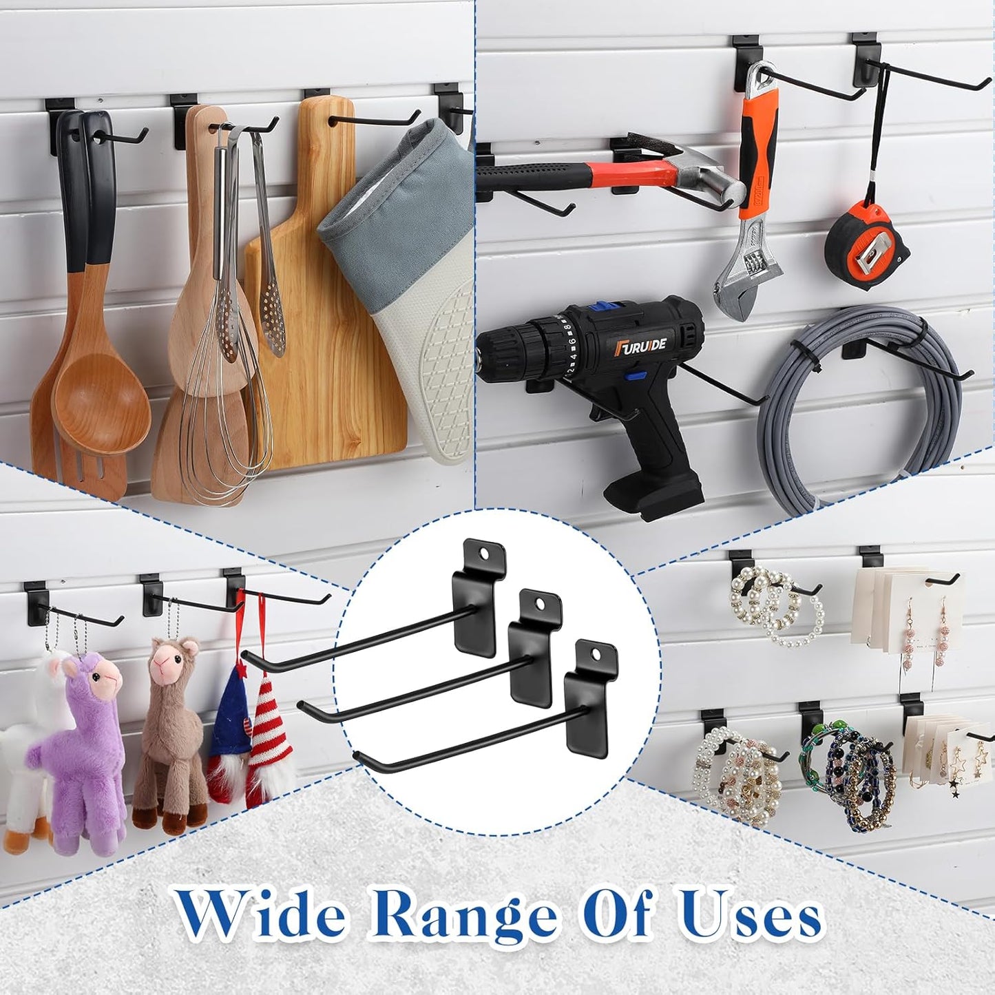 200 Pcs 6 Inches Slatwall Hooks Accessories Black Slat Wall Hanging Hangers Metal Retail Hooks Shelf Brackets Pegs for Pegboard Garage Display