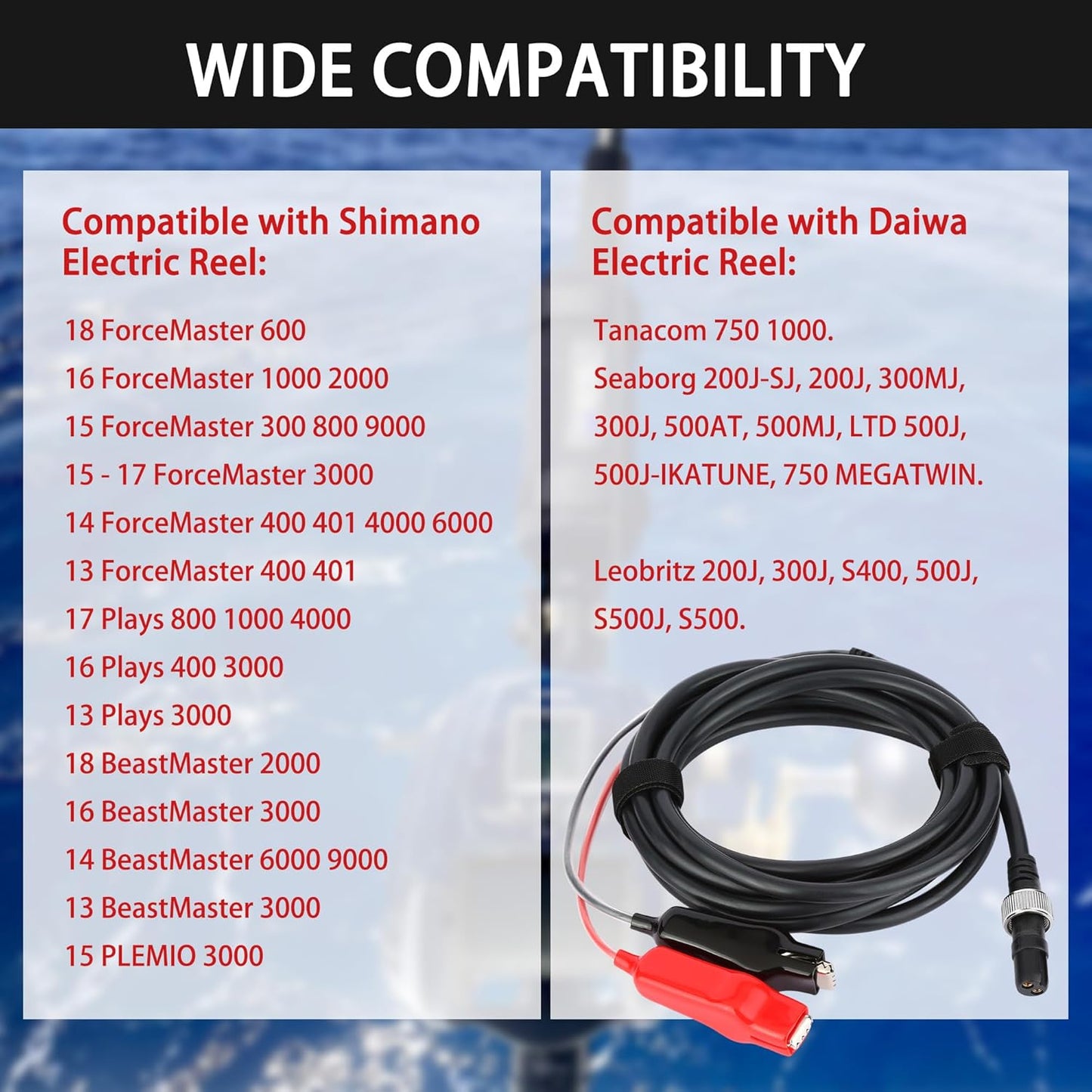Electric Fishing Reel Power Cord - 10Ft Battery Connection Cable Fits for Daiwa Tanacom 1000 750 500, Seaborg 500MJ, Shimano, BeastMaster, Leobritz, ForceMaster