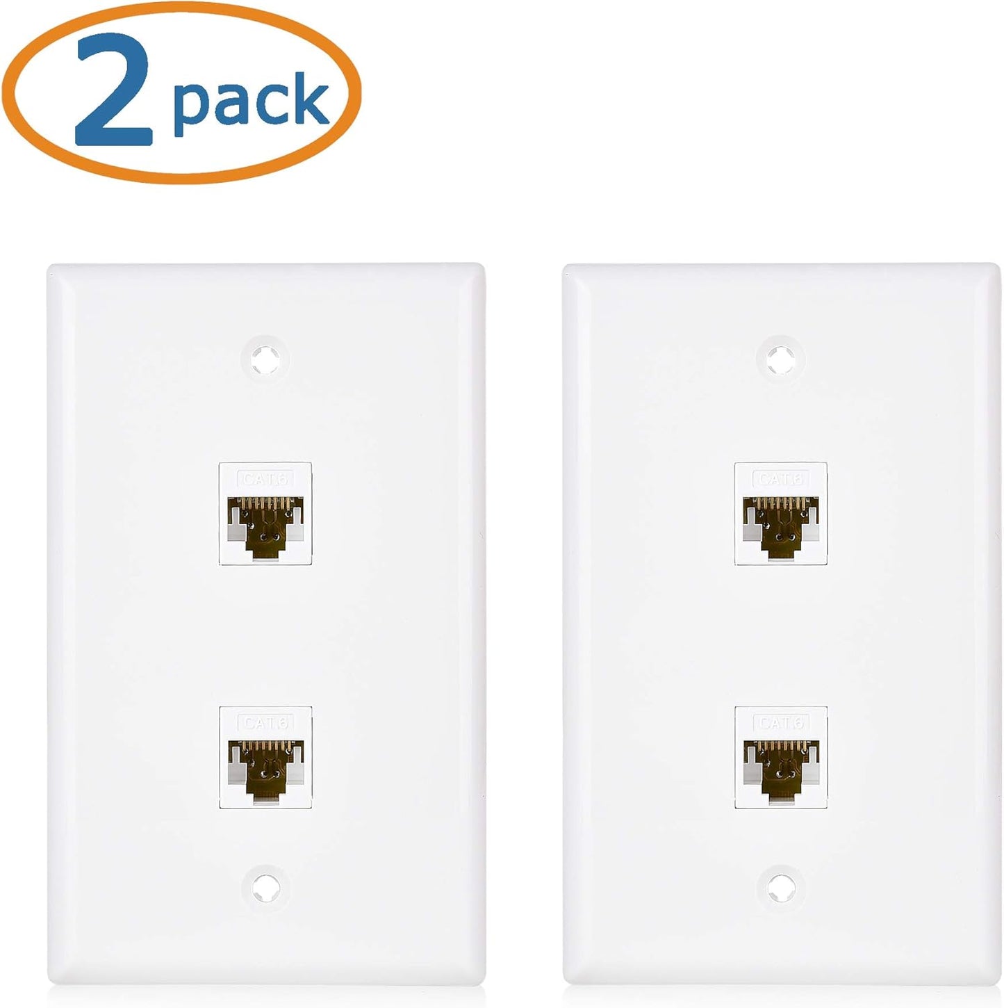 2-Pack 2-Port Ethernet Wall Plate, Cat6 Wall Plate with White RJ45 Keystone Jack, Ethernet Jack Outlet in White