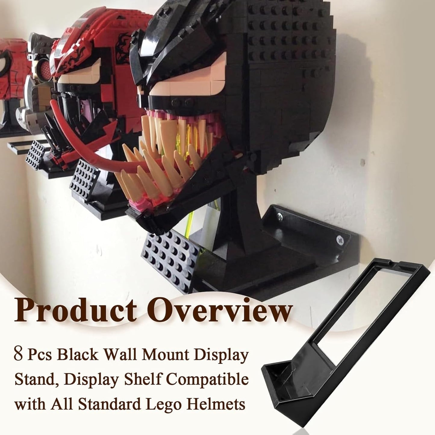 8 Pcs Black Wall Mount Display Stand Fits Lego Helmet, Wall Mount Display Shelf, Compatible with All Standard Lego Helmets, Boba Fett 75277/Tie Fighter Pilot 75274/Stormtrooper 75276