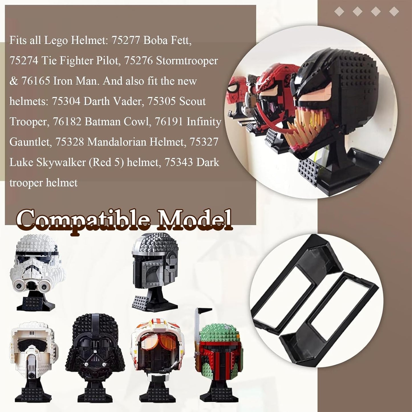 8 Pcs Black Wall Mount Display Stand Fits Lego Helmet, Wall Mount Display Shelf, Compatible with All Standard Lego Helmets, Boba Fett 75277/Tie Fighter Pilot 75274/Stormtrooper 75276