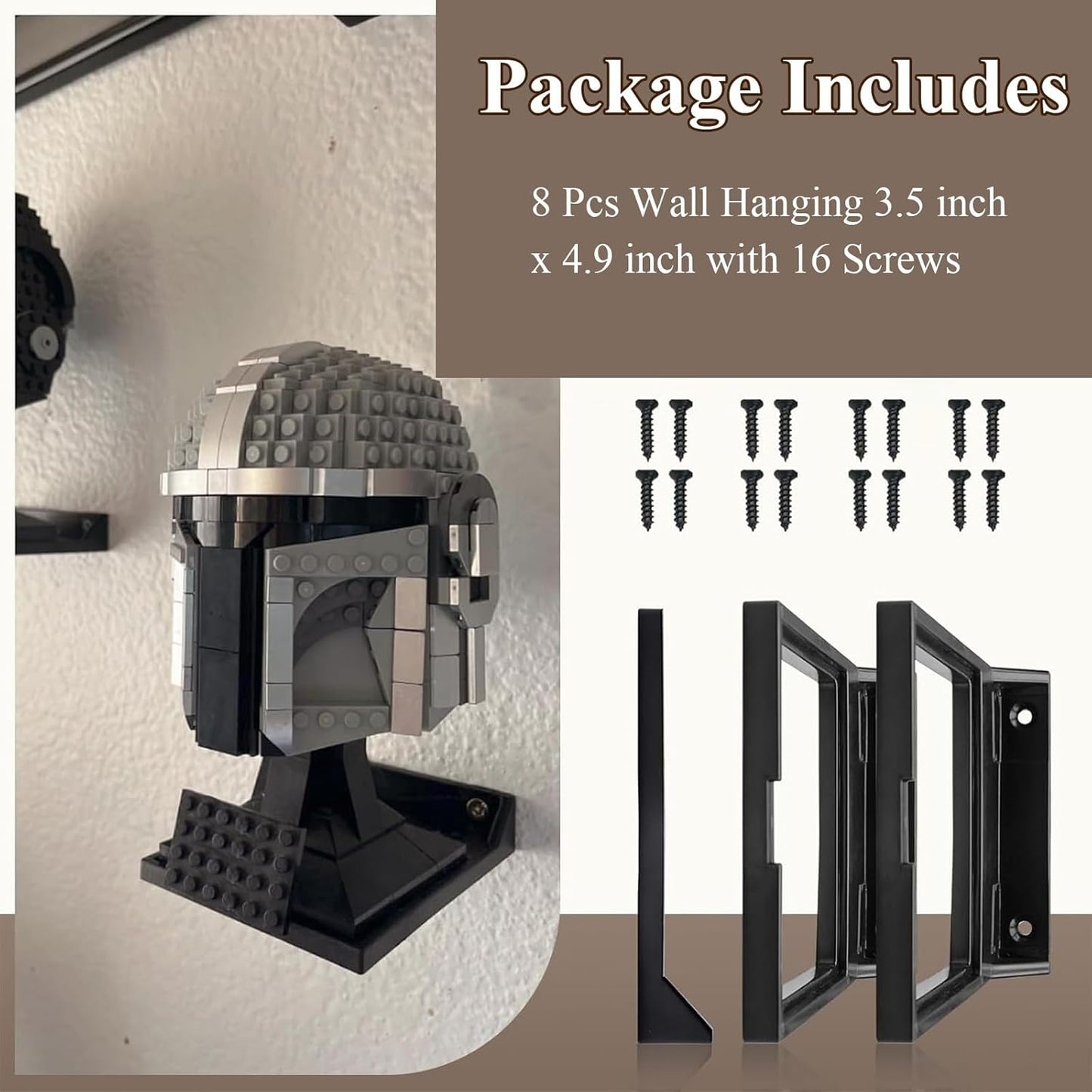 8 Pcs Black Wall Mount Display Stand Fits Lego Helmet, Wall Mount Display Shelf, Compatible with All Standard Lego Helmets, Boba Fett 75277/Tie Fighter Pilot 75274/Stormtrooper 75276