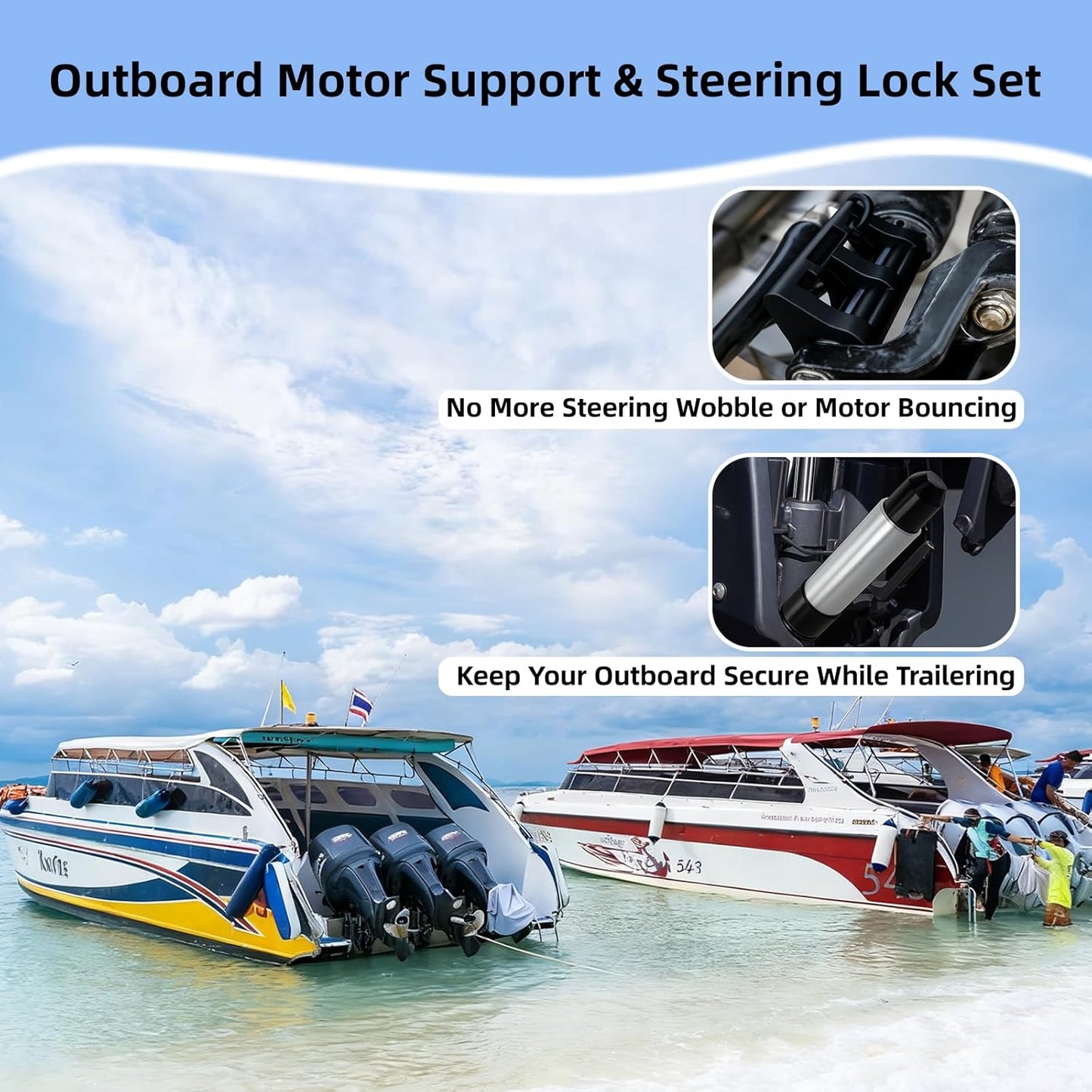 Outboard Motor Support and Hydraulic Steering Lock Set for Boat Transom Stabilization Prevents Motor Wobble & Enhances Trailers Safety
