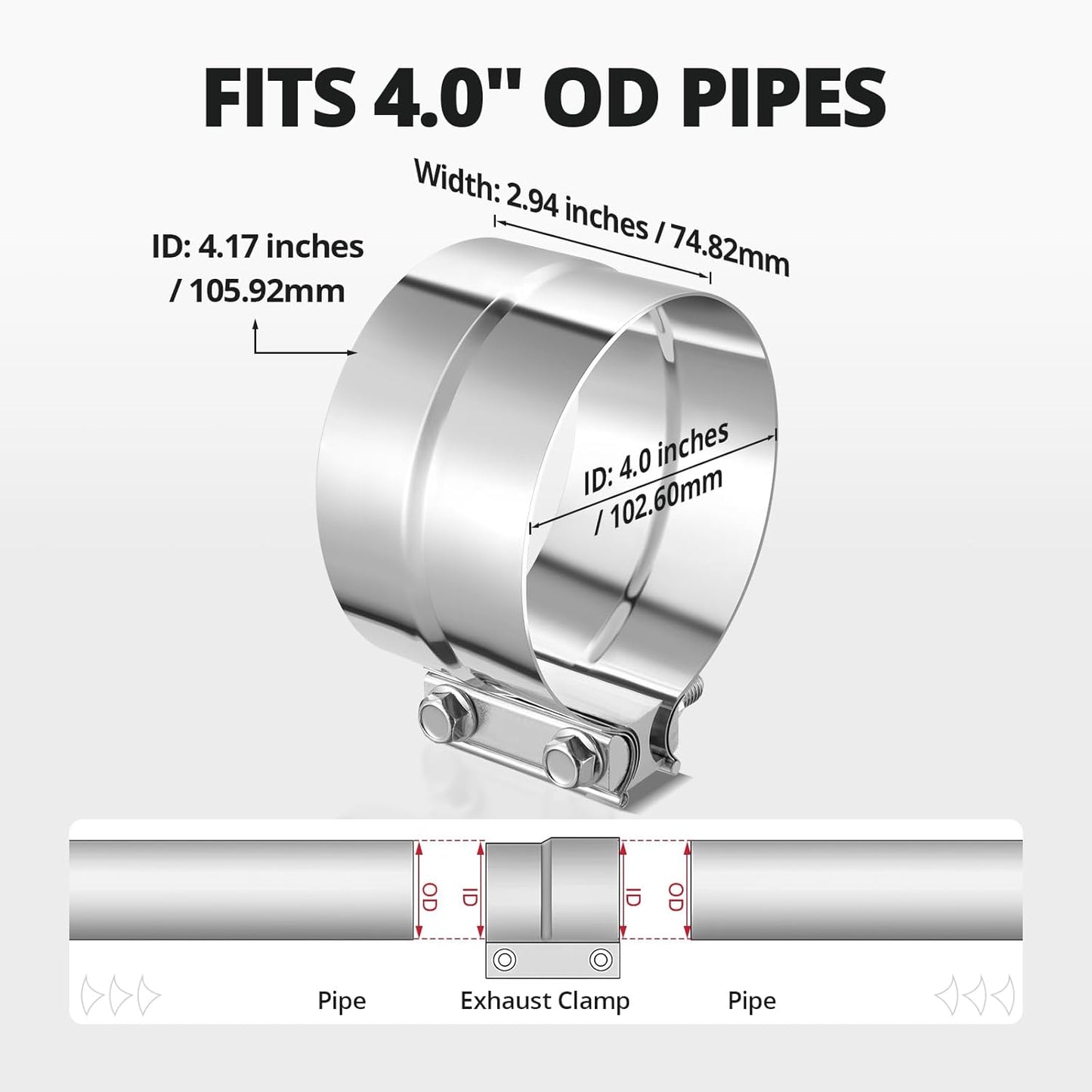 4.0'' Exhaust Clamp, Lap Joint Band Clamp Stainless Steel for Pipes, Mufflers, Catalytic Converters (1PCS, 4.0 inch)
