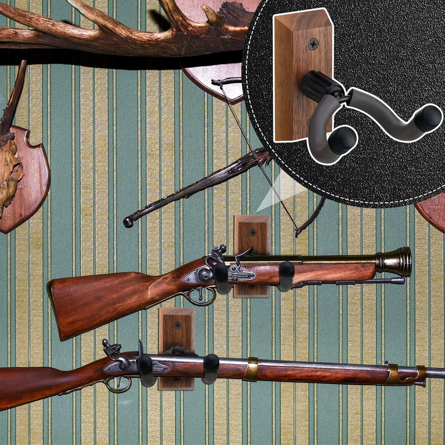 Crossbow Hanger for Wall Vertical Gun Rack Wall Mount Hardwood Gun Holder Compound Bow Hanger Holder Displays Rack Shotgun Hooks Rifle Storage Securely Holds Airsoft Firearm
