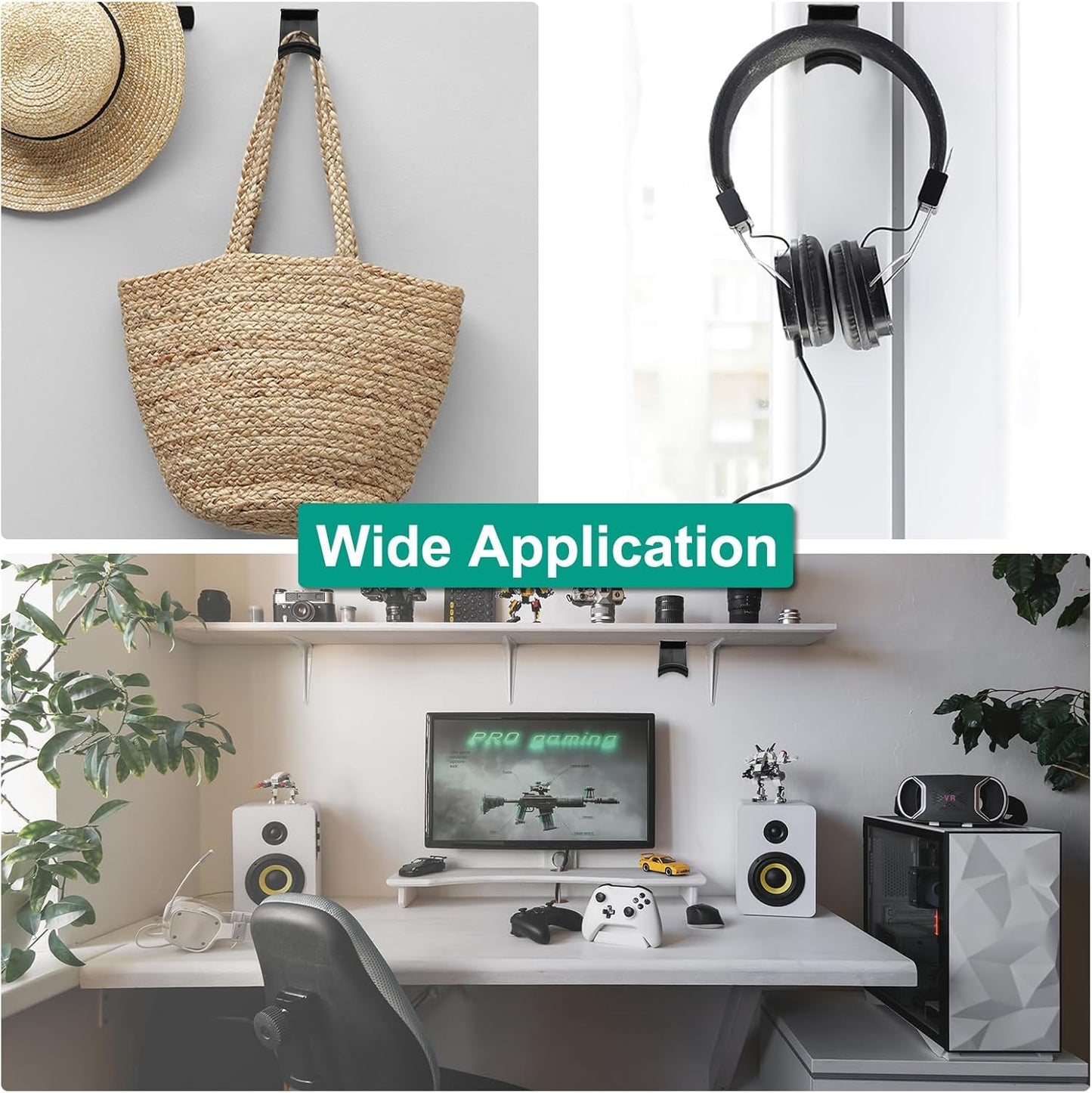 Headphone Stand, 2 Pcs ABS Headset Holder Adhesive Headphone Holder Hook Mount Headphone Hanger Hook Under Desk for Gaming Headphones Earphones Cables, Black(Wall-Mounted)