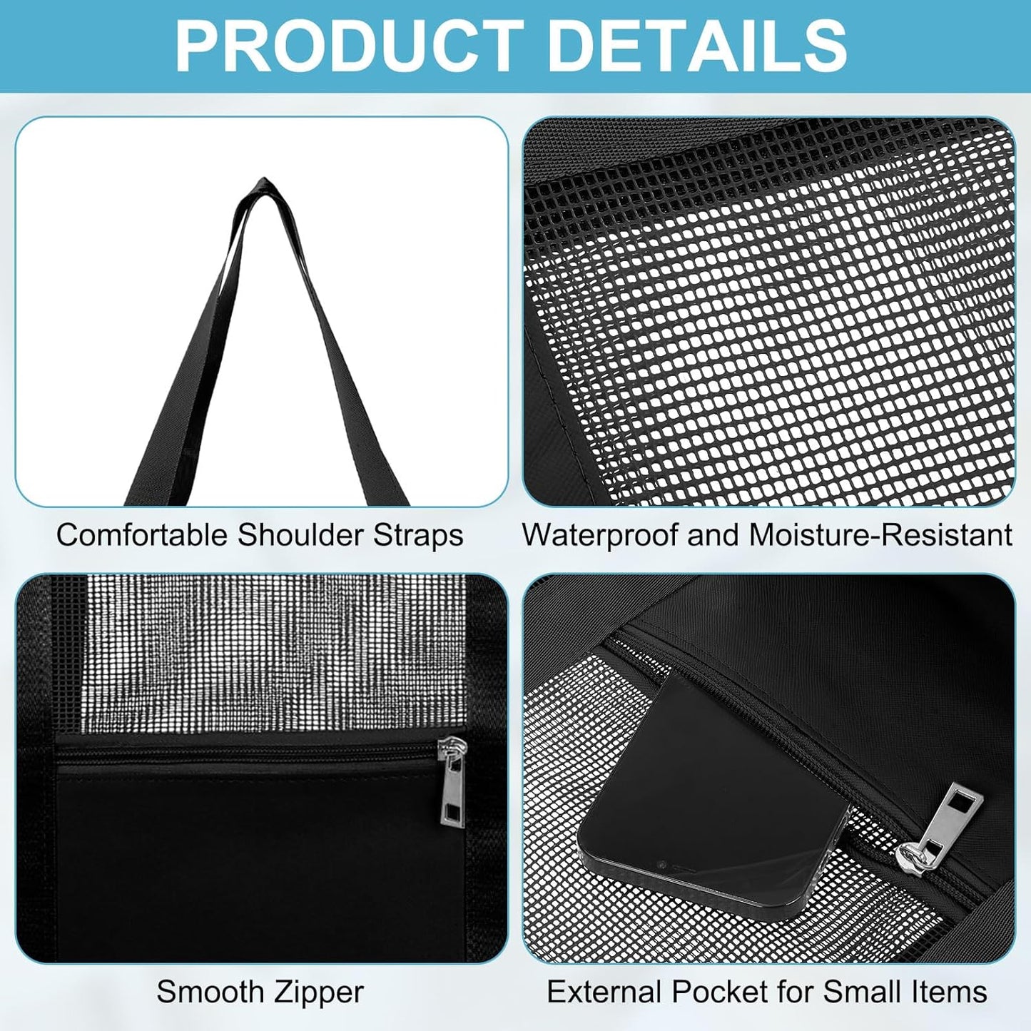 Mesh Beach Tote Bag, 1Pcs 13" x 4" x 13", Upgraded Beach Bags, PVC Waterproof Pool Bag for Beach Vacation and Travel Daily (Black)