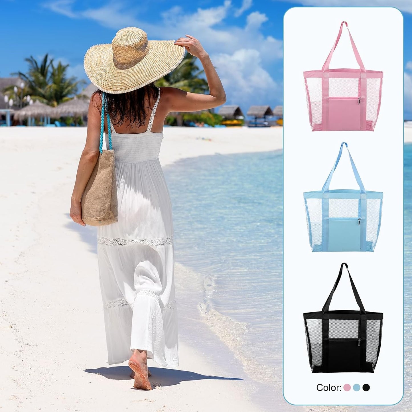 Mesh Beach Tote Bag, 1Pcs 13" x 4" x 13", Upgraded Beach Bags, PVC Waterproof Pool Bag for Beach Vacation and Travel Daily (Black)