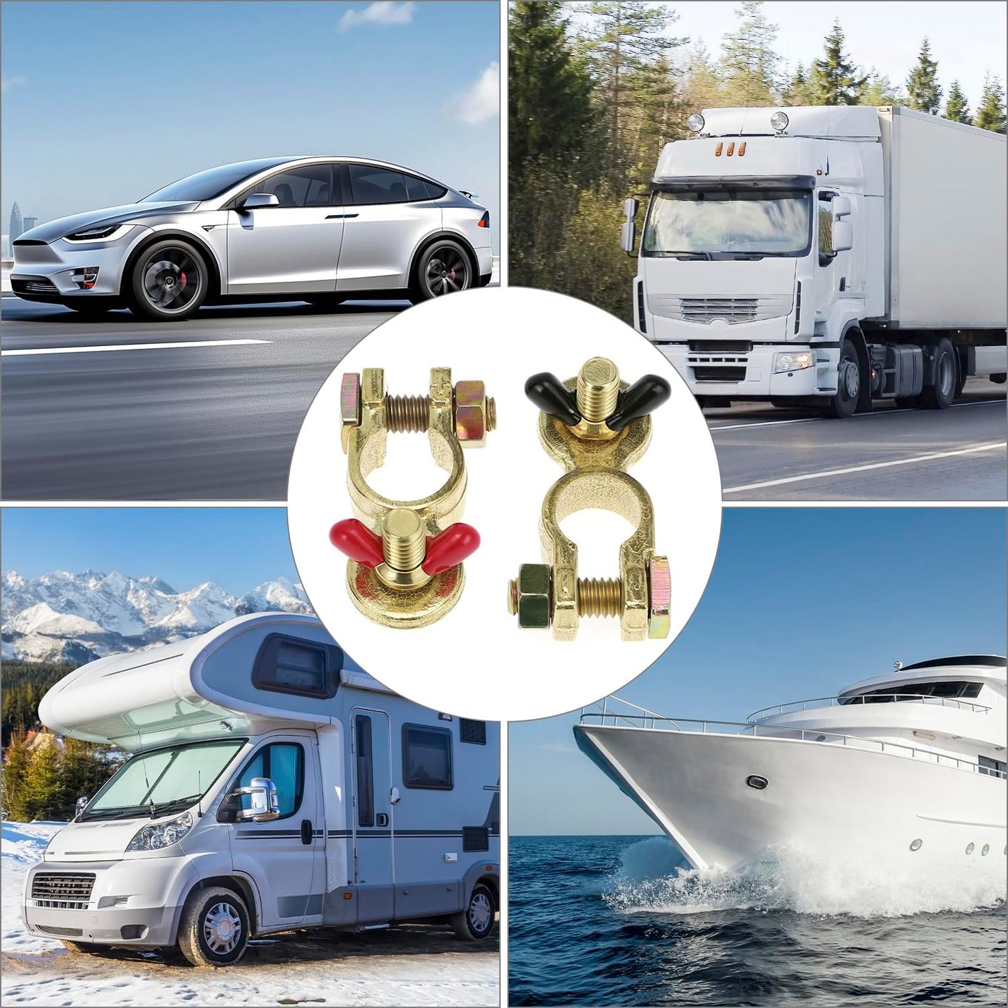 Brass Marine Grade Battery Terminal Top Post, 4 Pairs Battery Terminal Connectors, Battery Terminal Clamps for Boat Car RV, Fit All Standard Top of Post Batteries, 4 Positive + 4 Negative
