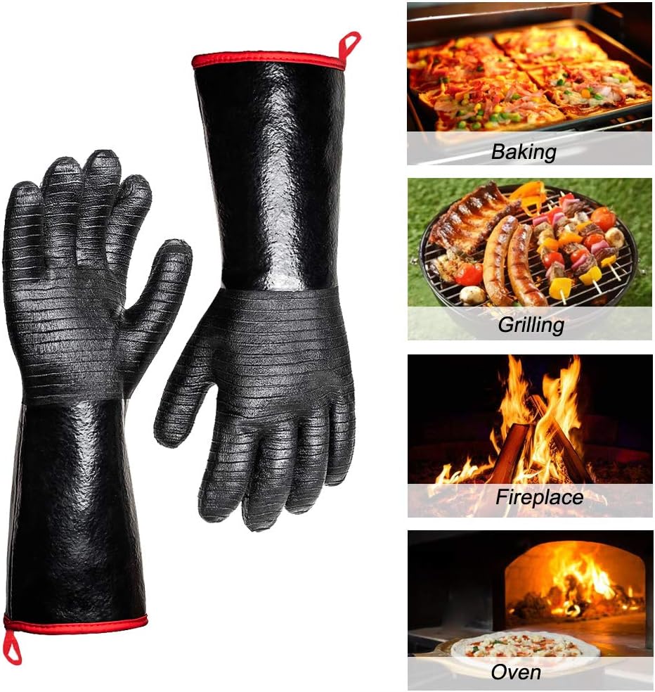 932°F Extreme Heat Resistant Gloves for Grill BBQ, Waterproof Long Sleeve Pit Grill Gloves for Fryer, Baking, Oven,Smoker,Fireproof, Oil Resistant Neoprene Coating（14-Inch ）