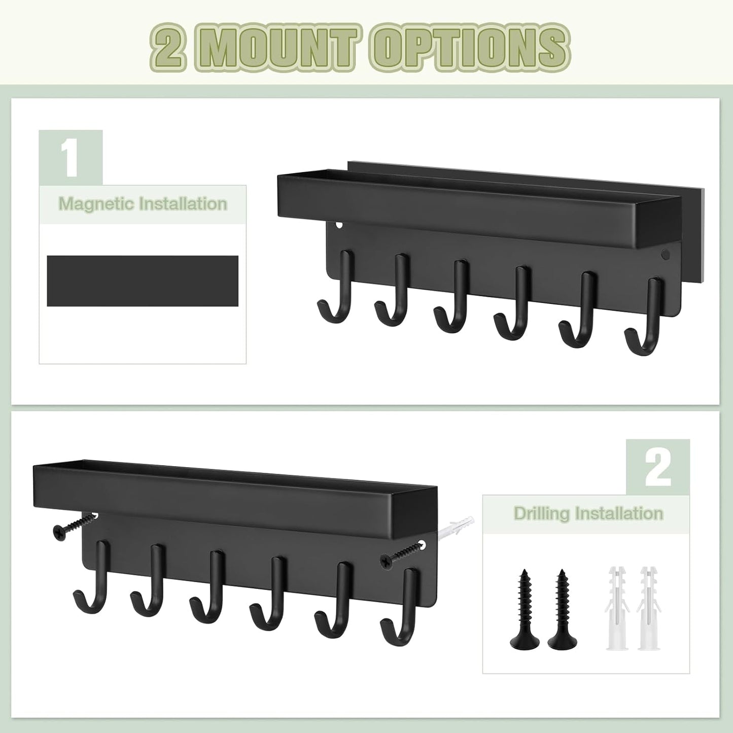 Magnetic Key Holder Wall Mount, Compact Metal Key Rack with Tray, 6 Hooks, 2 Mount Options, Black