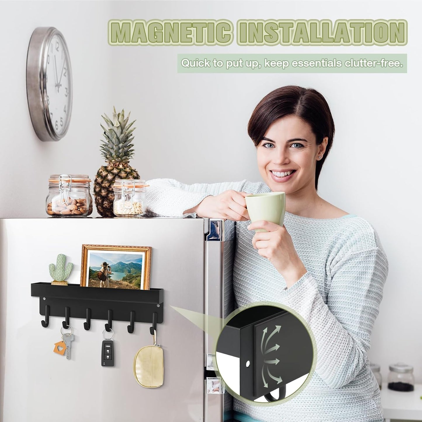 Magnetic Key Holder Wall Mount, Compact Metal Key Rack with Tray, 6 Hooks, 2 Mount Options, Black