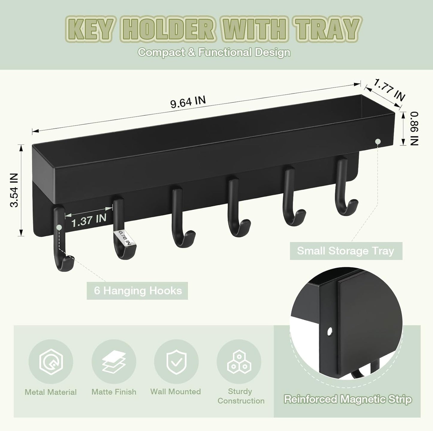 Magnetic Key Holder Wall Mount, Compact Metal Key Rack with Tray, 6 Hooks, 2 Mount Options, Black