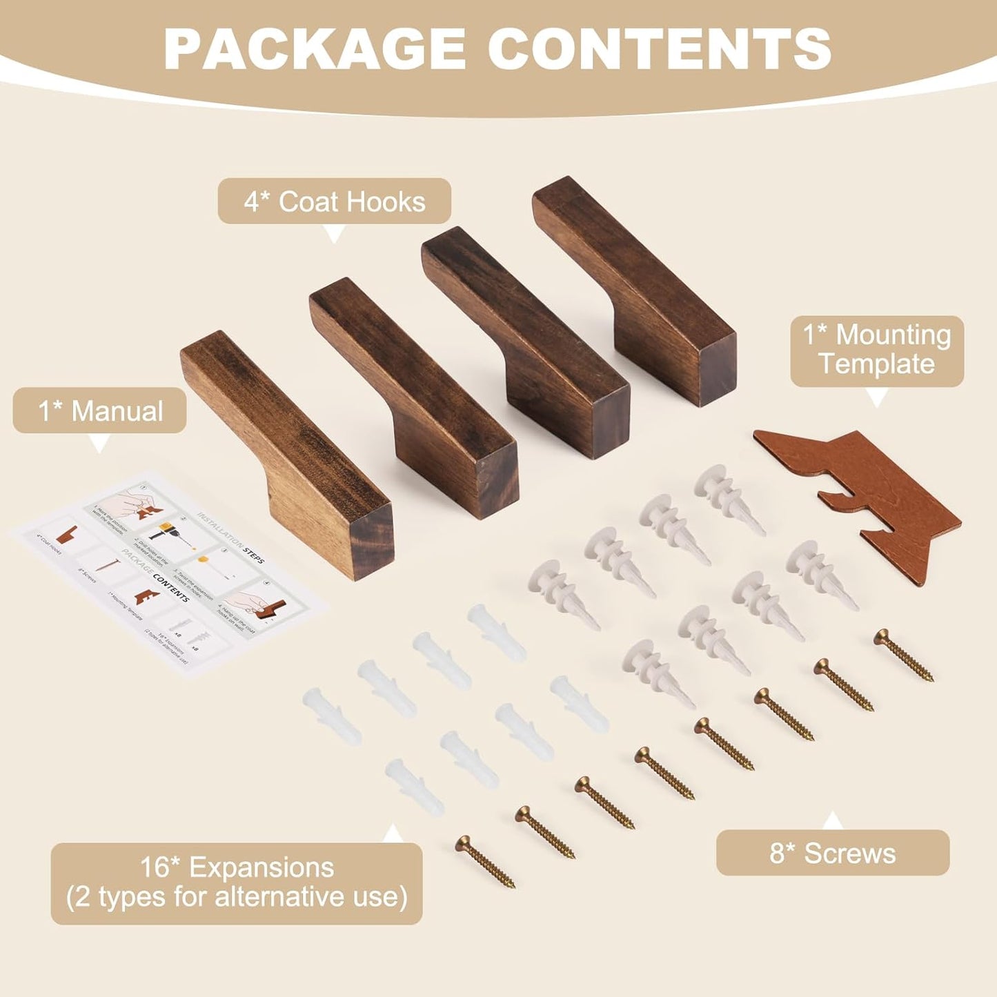 Walnut Wall Hooks, Wall Mount Wooden Coat Hooks for Entryway Cubicle, Brown, 4 Pcs