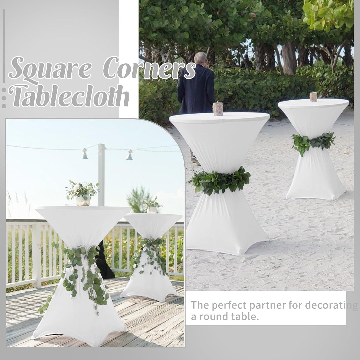 8 Pack Cocktail Table Covers 32x43 Inch Fitted Stretch Spandex Square Corners White Table Cover High Top Cocktail Round Tablecloth for Party, Wedding, Birthday, Banquet(White)