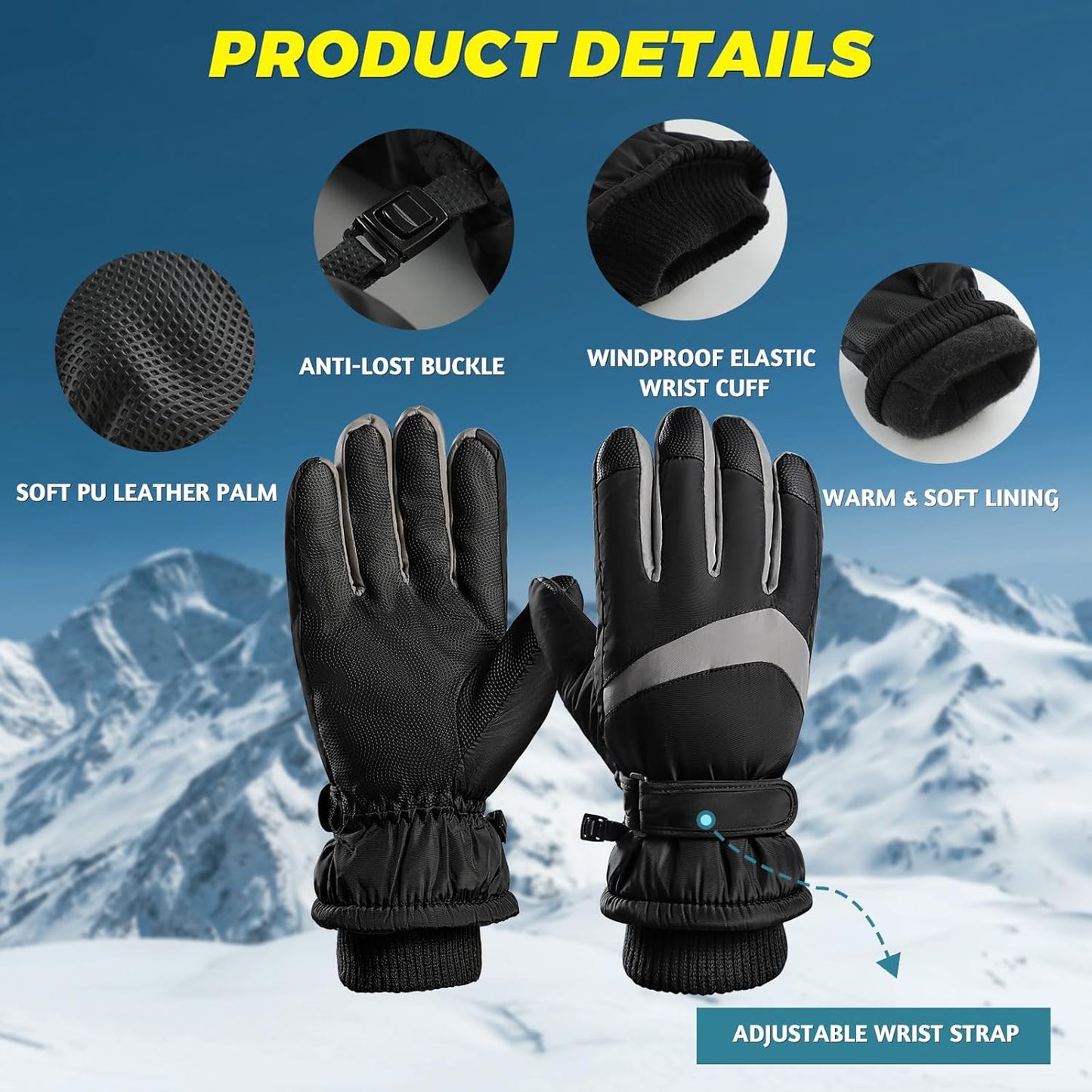 Winter Ski Gloves, Windproof Glove for Men & Women, Touchscreen Snow Gloves for Cold Weather, Thermal Warm Glove