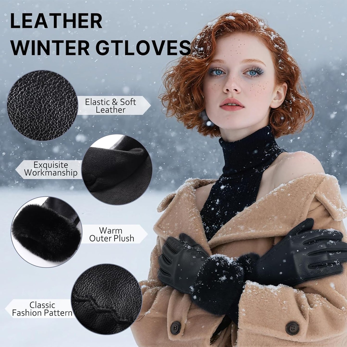 Leather Gloves for Women, Warm Winter Gloves Women with Plush Cuff, Touchscreen Womens Gloves for Cold Weather