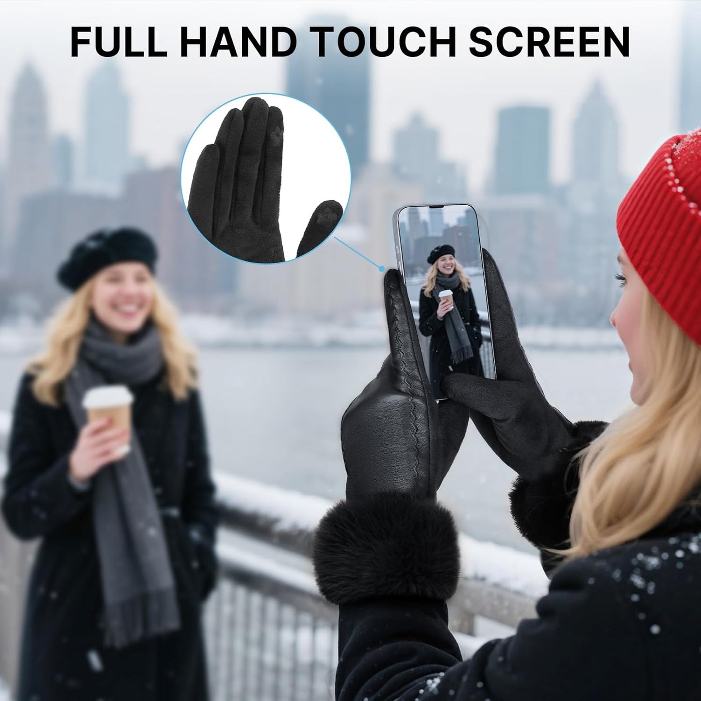Leather Gloves for Women, Warm Winter Gloves Women with Plush Cuff, Touchscreen Womens Gloves for Cold Weather