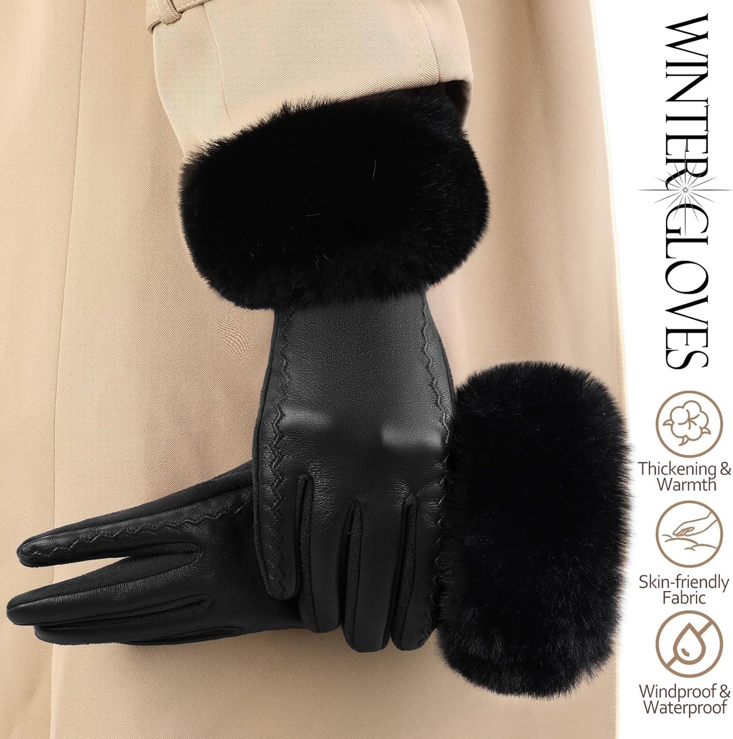 Leather Gloves for Women, Warm Winter Gloves Women with Plush Cuff, Touchscreen Womens Gloves for Cold Weather
