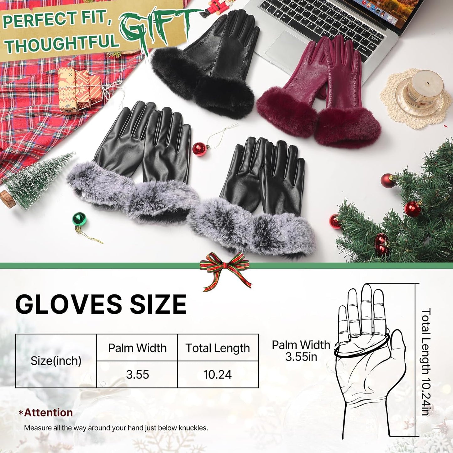 Leather Gloves for Women, Warm Winter Gloves Women with Plush Cuff, Touchscreen Womens Gloves for Cold Weather