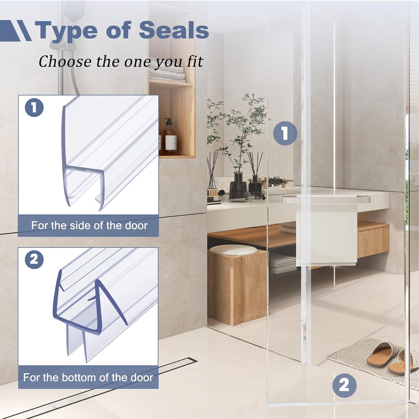 Frameless Shower Door Seal Set for 1/4 Inch Glass Doors - 2-Pack Bottom Seal and 2-Pack Side – Stop Shower Leaks and Create a Water Barrier (1/4” x 39”)