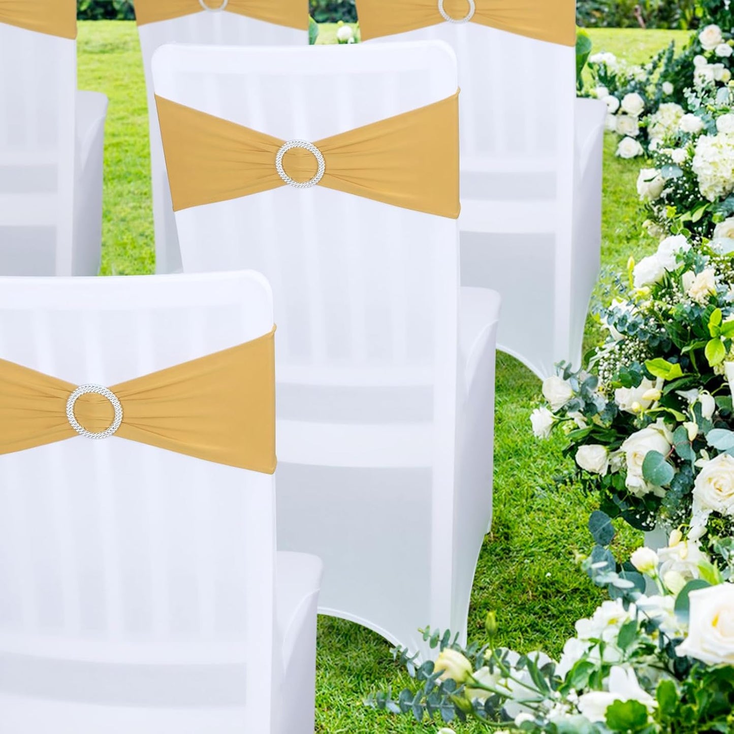 Gold Spandex Chair Sashes - 30pc Premium Stretch Chair Bows with Sliders for Wedding Party Banquet Decoration