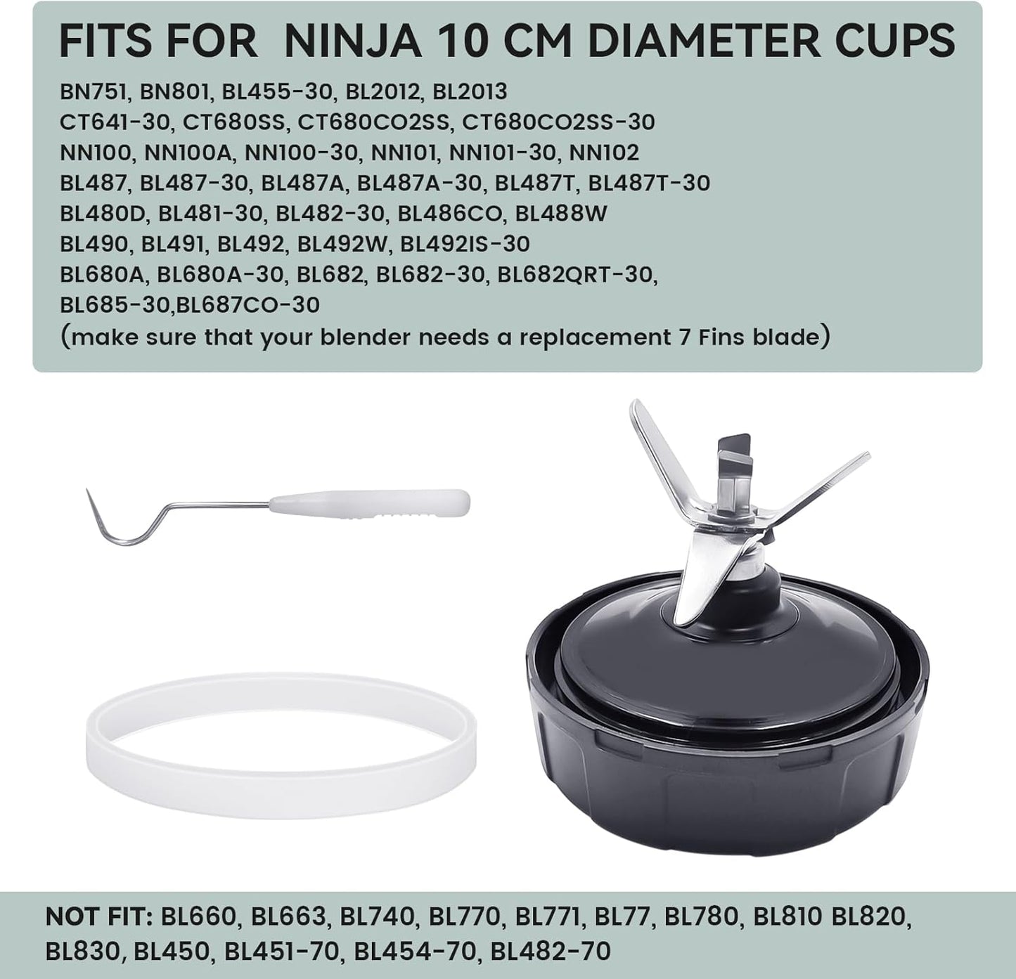 1 Pack Ninja Blender Replacement Part, 7 Fins Ninja Blender Blade with Rubber Gasket, Stainless Steel High Speed New Bearing, Compatible with Ninja Blenders Auto iQ BL480 BL482 BL682 BL642 NN102 Etc.