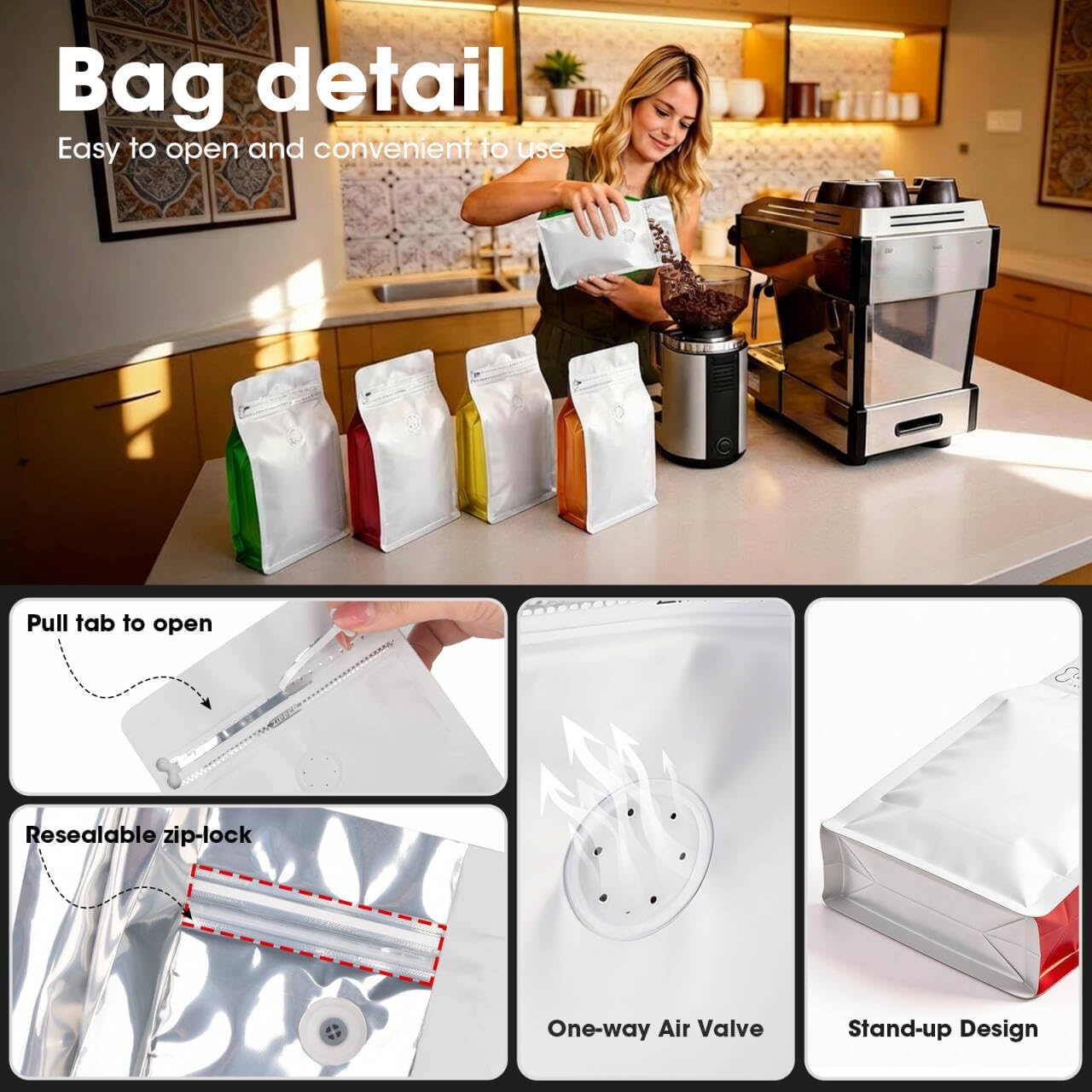 Coffee Bags with Valve(60pcs,16 oz,1 lb) Vented Coffee Beans Packaging Bags High Barrier Aluminumed Foil Flat Bottom Heat Sealed Side Zipper Resealable Storage Bag for Home or Business（White+Black）