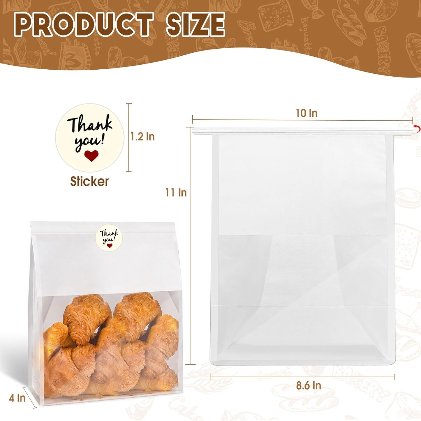 60pcs Bakery Bags with Thank You Stickers,11x8.6x4 inches Sourdough Bread Bags with Tin Tie Tab Lock Smoother Paper Bakery Bags with Clear Window for Homemade Bread, Baked Food Packaging Storage