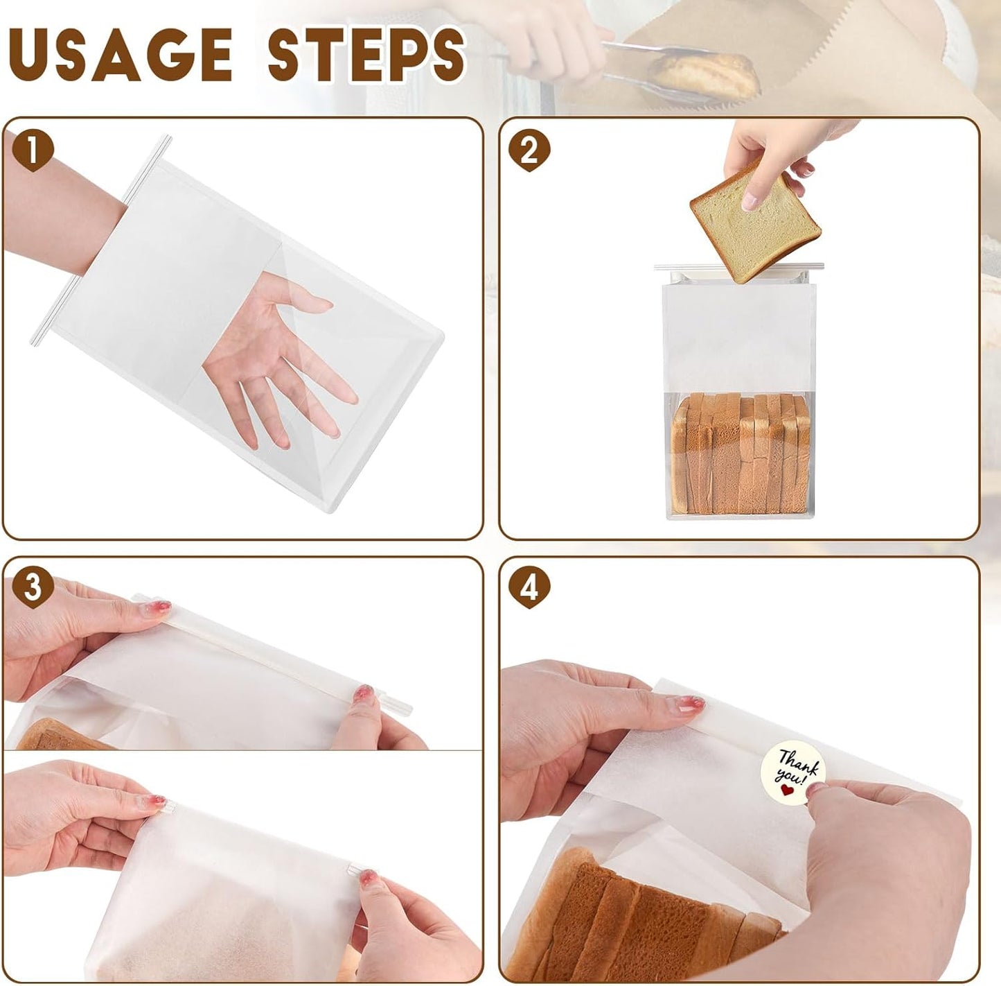60pcs Bakery Bags with Thank You Stickers,11x8.6x4 inches Sourdough Bread Bags with Tin Tie Tab Lock Smoother Paper Bakery Bags with Clear Window for Homemade Bread, Baked Food Packaging Storage