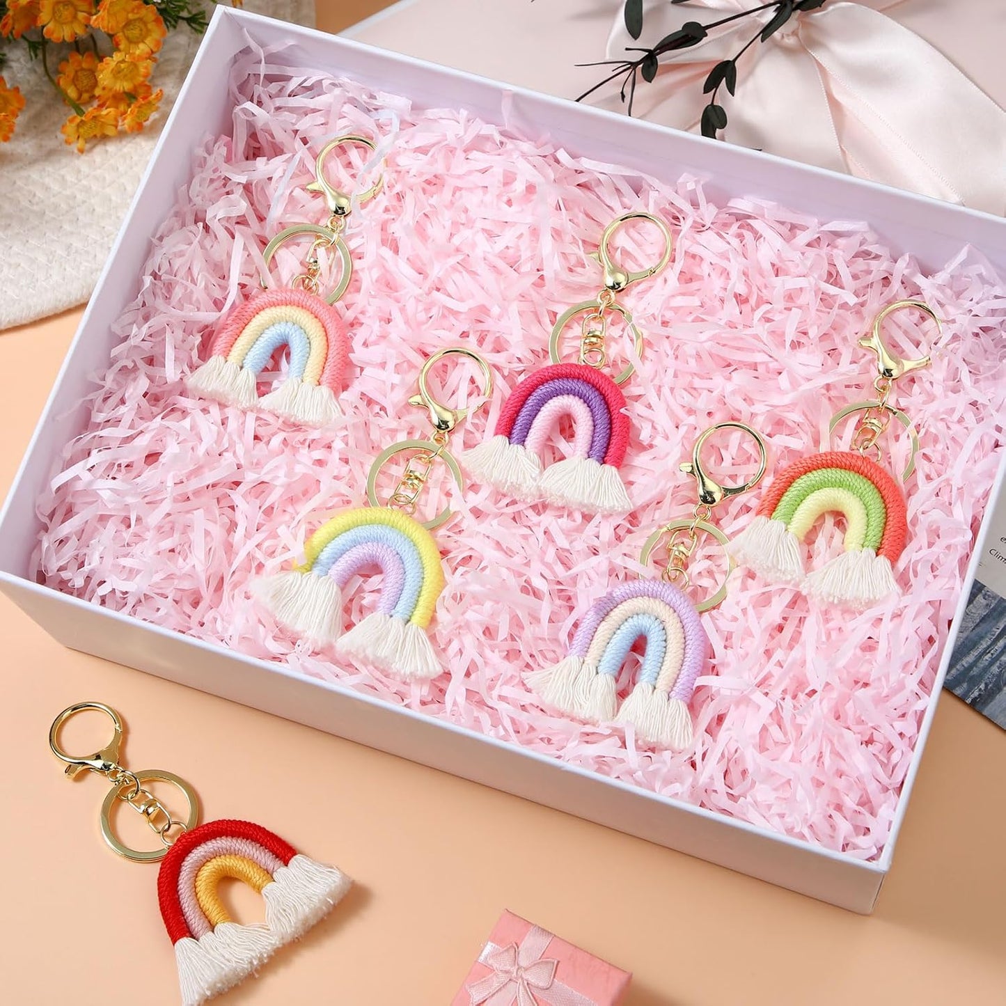 Landhoow 6 Pcs Boho Rainbow Keychains Bulk Women Macrame Rainbow Key Chains Mini Tassel Keychains Car Keyrings Holder(Pastel Color)