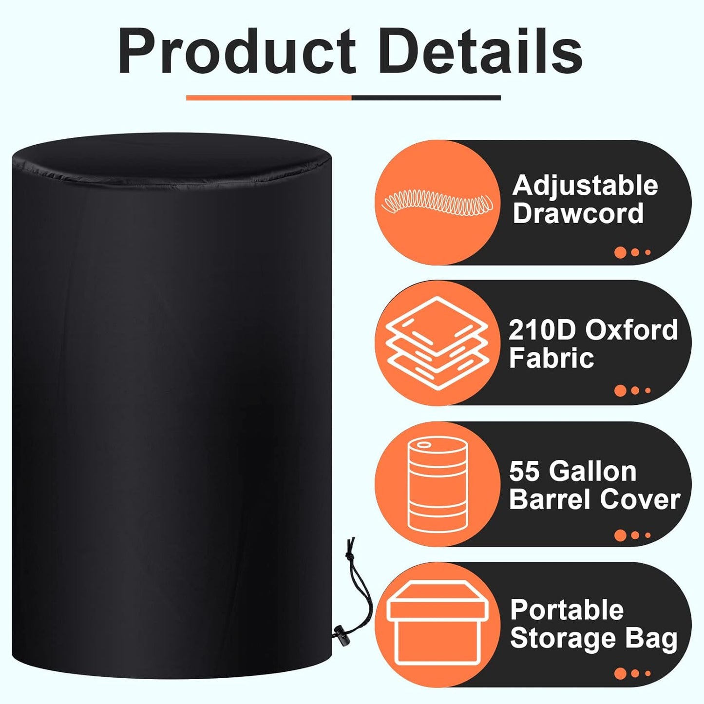 55 Gallon Drum Cover, 210D Oxford Cloth Water Storage Barrel Cover, 25 x 37 Inch Outdoor Waterproof Rain Snow Bucket lid with Drawstring, UV Protection, Anti Dust(2 Pcs)