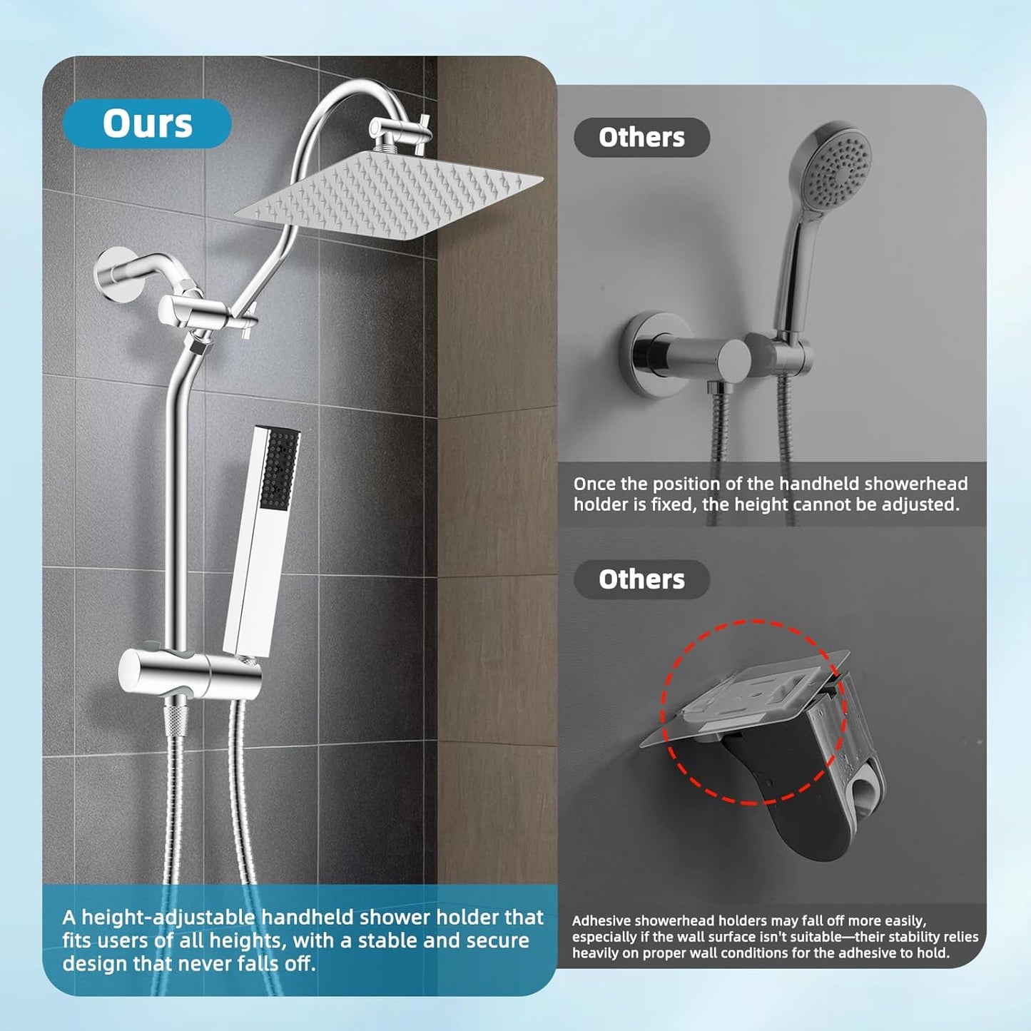 Shower Slide Bar with Handheld Shower Head Holder, Stainless Steel Shower Arm Extension Sliding Bar, Height & Angle Adjustment Showerhead Holder, Chrome